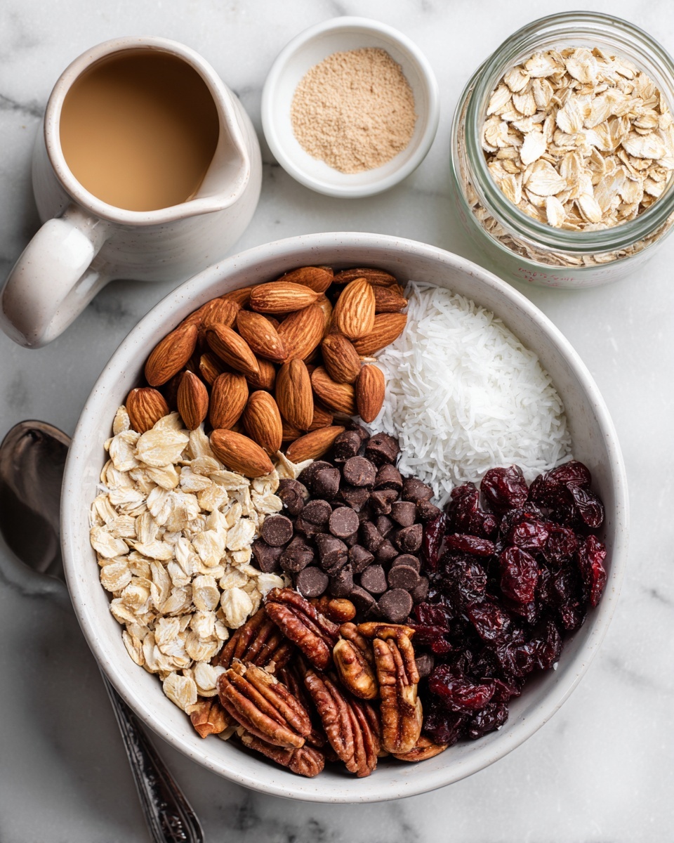 A white bowl filled with five different ingredients neatly placed in separate sections, including light brown almonds, white cashews, dark brown pecans, reddish dried cranberries, and small dark chocolate chips, all on a white marbled surface; nearby are a clear glass measuring cup of rolled oats, a small white cup with a light brown powder, a white ceramic jug with a light brown liquid, and a glass jar of white shredded coconut. photo taken with an iphone --ar 4:5 --v 7