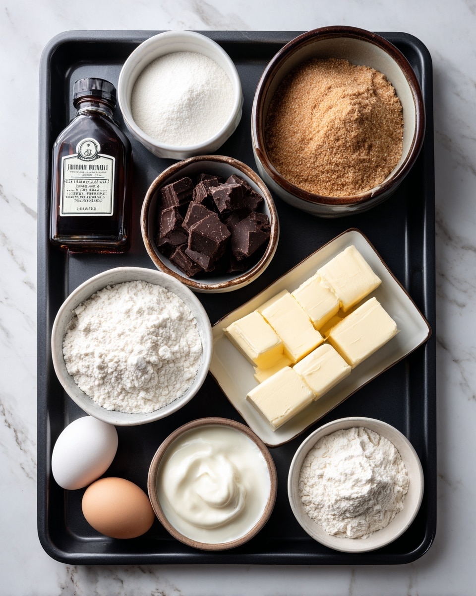 The image shows a black tray on a white marbled surface holding neat bowls and items for baking. In the top row, there is a small bowl with a white powder, a bowl with dark chocolate pieces, and another bowl with brown sugar. The middle row has a bottle of vanilla extract on the left, a bowl with white sugar in the center, and a dish with four sticks of butter on the right. The bottom row includes a small bowl with white cream, a pair of eggs placed next to the tray on the white marbled surface, and a small bowl with white flour. Each item is clean and organized, showing the raw ingredients before use. Photo taken with an iphone --ar 4:5 --v 7