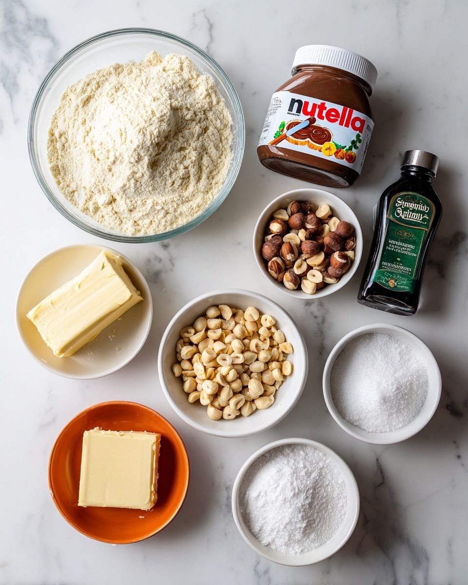 A top-down view showing various baking ingredients arranged neatly on a white marbled surface, including a large clear glass bowl filled with pale yellow all-purpose flour with visible clumps, a jar of Nutella hazelnut spread with its dark brown and red label and white lid, two sticks of pale yellow unsalted butter with red markings, a small white bowl filled with light brown chopped hazelnuts, an orange bowl with granulated white sugar, another orange bowl with white confectioner's sugar, and a small white bowl containing salt. A dark green bottle of Simply Organic vanilla extract is placed near the Nutella jar. Each item is spaced apart clearly and the whole scene is bright and clean, with natural lighting. Photo taken with an iphone --ar 4:5 --v 7