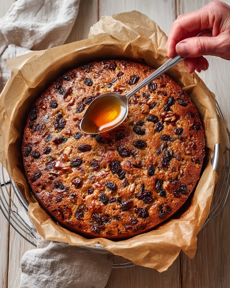 A round fruit cake is shown fresh in a brown parchment paper-lined pan. The top layer is golden brown with a rough texture, studded thickly with dark raisins and nuts throughout, giving a bumpy and uneven surface look. A woman's hand holds a silver spoon above the cake, dripping a light amber syrup onto the center. The scene is set on a white marbled texture background with a hint of a yellow cloth nearby. Photo taken with an iphone --ar 4:5 --v 7