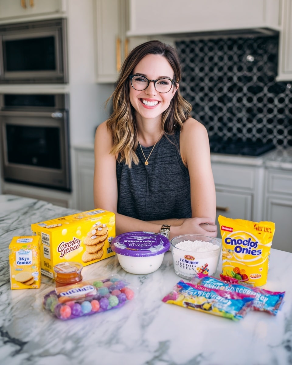 The image shows a white marbled countertop with a variety of ingredients arranged in front of a smiling woman with glasses and a dark gray sleeveless top. The ingredients include a yellow box of honey graham wafers to the left, next to a yellow pack of Golden Oreo minis, and beside that, a yellow bag of Christie Teddy Grahams honey. In front of these are a round container of Cool Whip, a purple and white Jell-O vanilla pudding mix, a clear glass bowl with white powder, a white and purple carton of Neilson 2% milk, and packs of gummy candies in blue and pink bags. All items are neatly stacked or placed close together on the white marbled surface, with a patterned black and gray kitchen backsplash in the background. Photo taken with an iphone --ar 4:5 --v 7