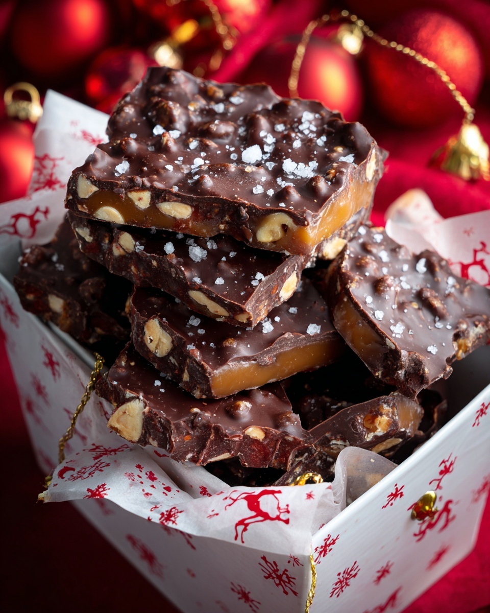 A white box lined with patterned white paper holds several pieces of dark chocolate bark with a shiny texture, each piece topped with scattered light brown peanuts and sprinkled with coarse sea salt. The bark displays layers visible on some broken pieces, revealing a middle layer of caramel color and small crunchy bits. The edges of the bark are uneven and some pieces curl slightly, with golden brown ribbon loops placed casually around and through the bark. The entire arrangement sits on a red marbled surface, accompanied by textured dark red ornaments around the box. Photo taken with an iphone --ar 4:5 --v 7