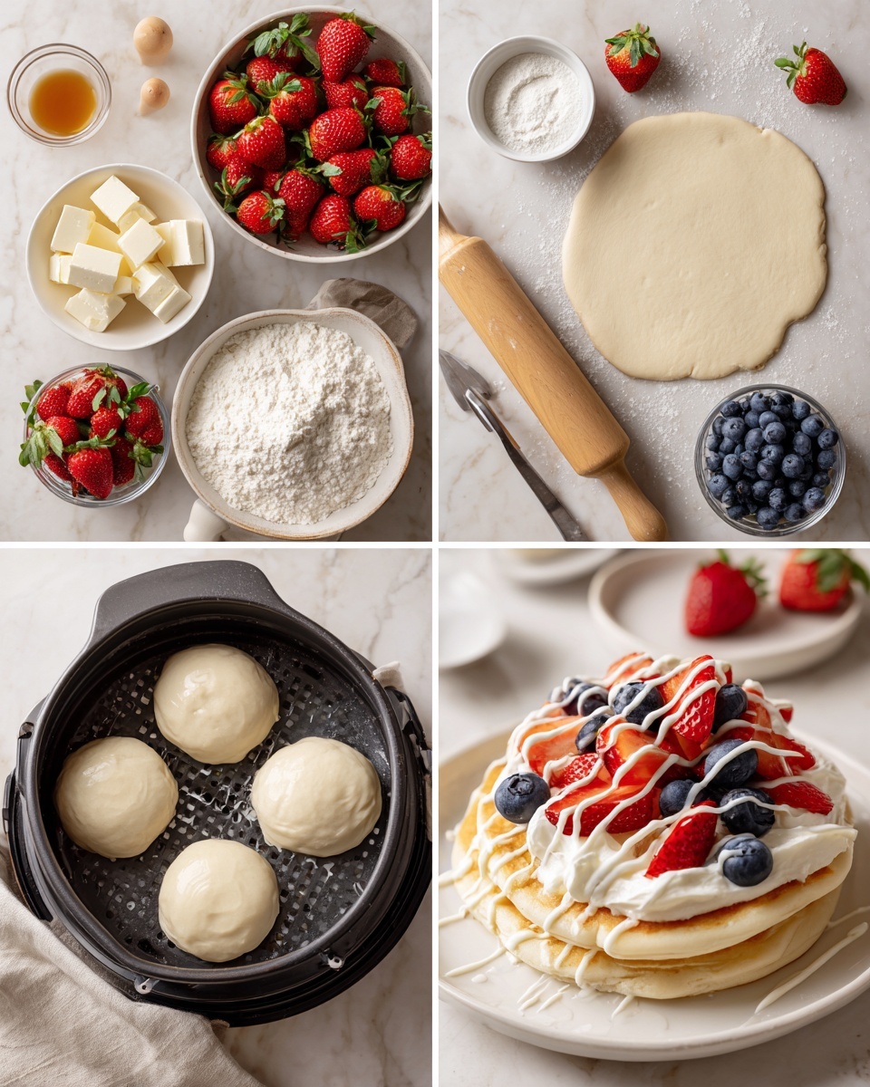 The image shows four smaller photos laid out in a grid with a white marbled surface background. The top left photo displays ingredients for the dish, including white cream cheese, white sugar, a white egg, vanilla extract in a white bowl, sticks of butter, a bowl full of red strawberries and blue blueberries, a large bowl of white flour, and small white bowls with white salt and measuring spoons. The top right photo shows dough rolled out flat in a round shape on the white marbled surface, next to a wooden rolling pin and a round metal dough cutter. The bottom left photo includes four round dough pieces placed in a black air fryer basket, with the rolling pin and a bowl of strawberries and blueberries nearby. The bottom right photo shows a single round pancake-like base, topped with a layer of white cream, decorated with fresh halved red strawberries, whole blue blueberries, and white cream drizzled in a zigzag pattern on top. photo taken with an iphone --ar 4:5 --v 7