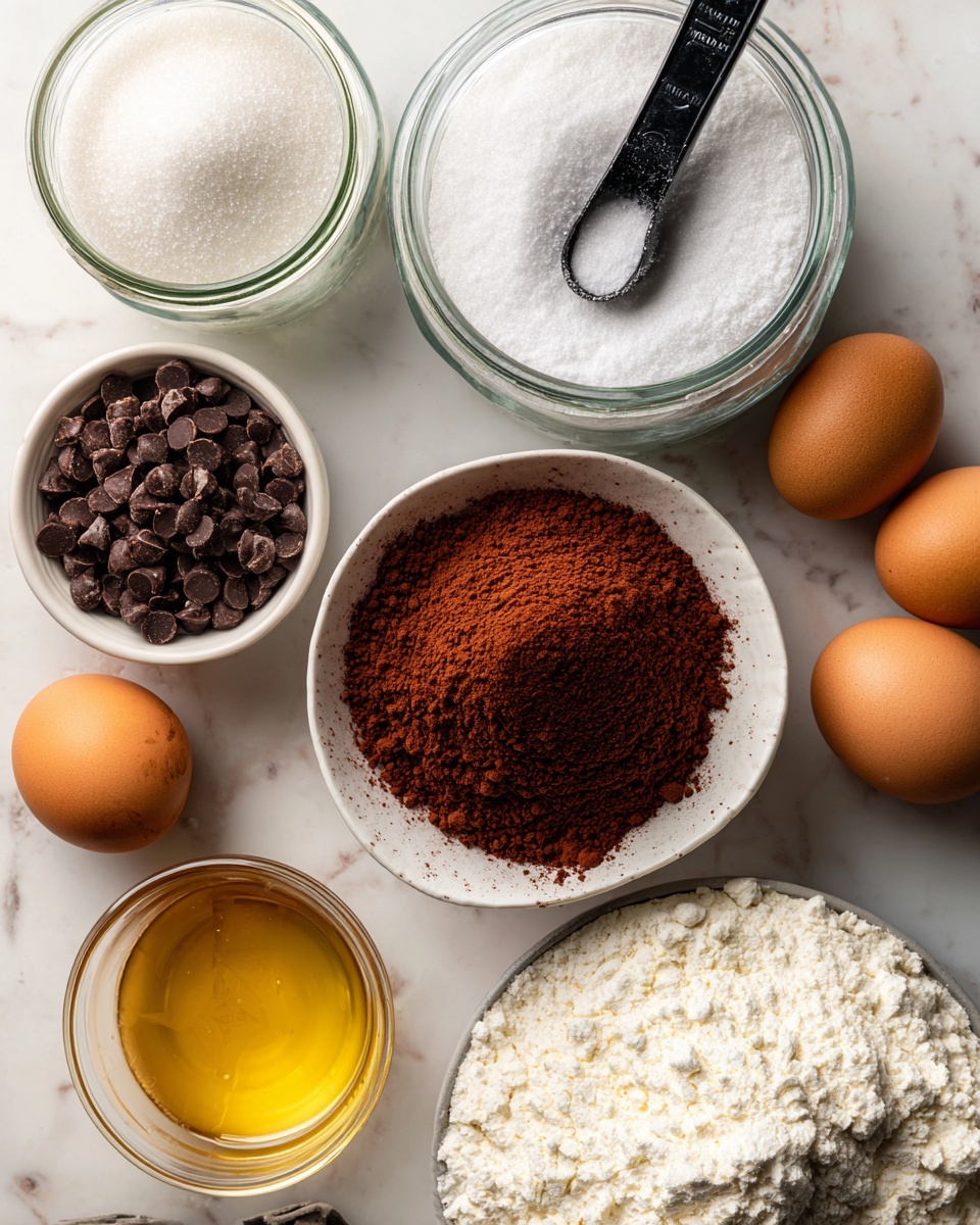 The image shows several ingredients for baking arranged on a white marbled surface. In the center, there is a glass jar filled with granulated sugar with a black 1/4 cup measuring scoop inside. To the right, there is another glass jar with powdered sugar and a black 1/2 cup measuring scoop inside. Below the sugar jars, there is a white bowl filled with reddish-brown cocoa powder. To the left of that bowl, there is a small white bowl with dark chocolate chips. At the bottom left are two brown eggs. Next to the eggs is a small white bowl with amber-colored vanilla extract. At the bottom center, a clear glass bowl holds a light yellow liquid, likely oil. Finally, at the bottom right is a white bowl with white flour. Photo taken with an iphone --ar 4:5 --v 7