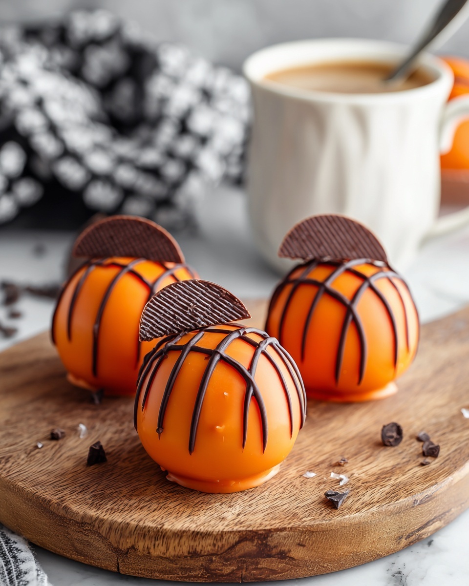 Three round orange treats sit on a light wooden board, each decorated with thin orange lines drizzled over their surface. On top of each treat is a half-slice of dark chocolate shaped like a small orange wedge, showing texture that looks like the inside of an orange. Behind them is a plain white mug with a silver spoon inside. The background is a white marbled surface with a black and white patterned cloth partly visible. photo taken with an iphone --ar 4:5 --v 7