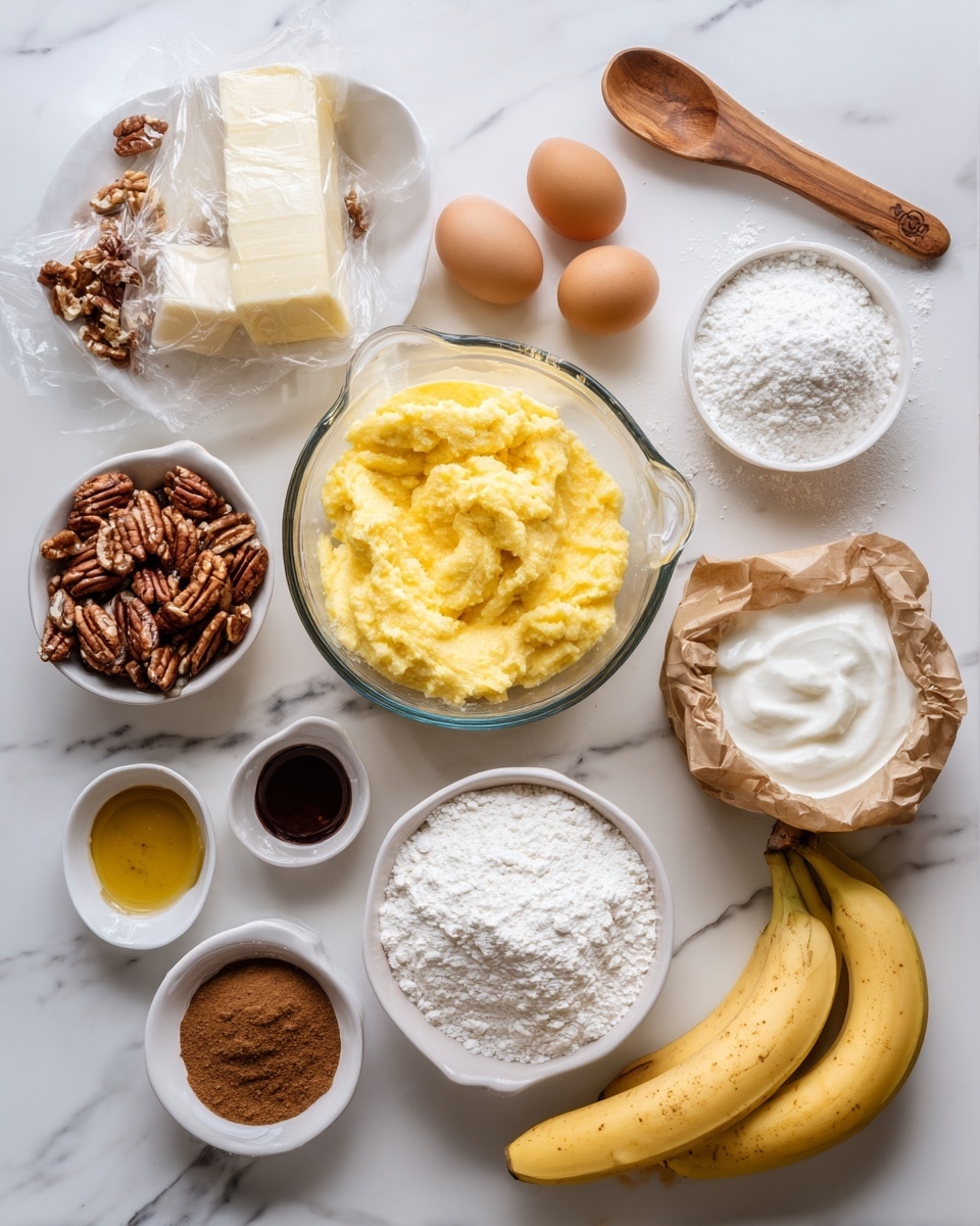 The image shows various baking ingredients arranged neatly on a white marbled surface. In the center is a clear glass measuring cup filled with bright yellow mashed bananas. Surrounding it are three brown eggs, a small white bowl of white powdered sugar, a small white bowl of chopped pecans, a white container filled with smooth white cream cheese, and a white bowl with a yellow liquid, likely oil. There is a closed foil package of cream cheese, a small white dish with a dark amber liquid, probably vanilla, a small white dish filled with ground cinnamon, and a slightly opened brown paper bag with flour spilling out, finished with a handful of ripe yellow bananas on the right. A wooden spoon rests on the white marbled surface at the top. Photo taken with an iphone --ar 4:5 --v 7