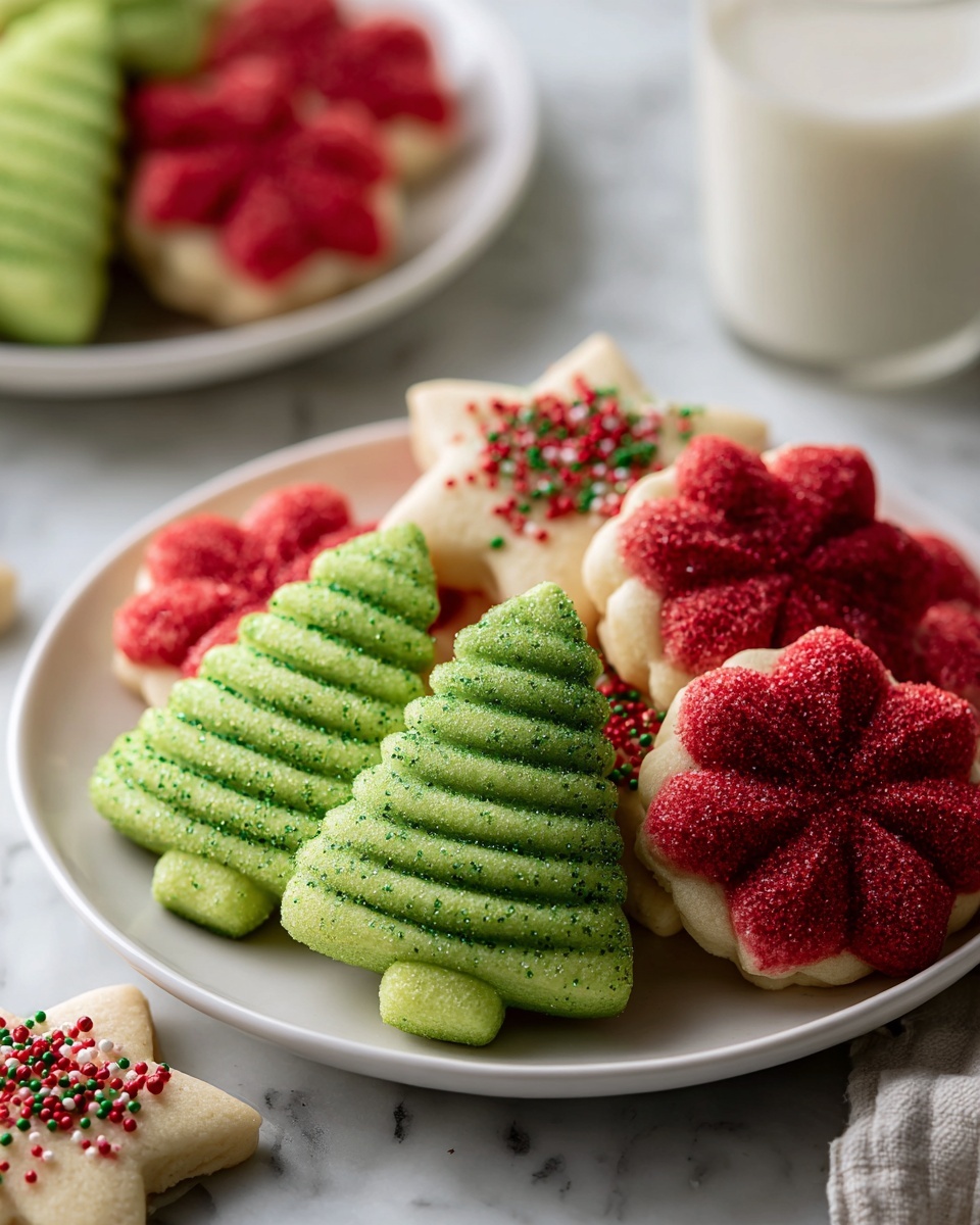 A white plate holds a variety of Christmas cookies arranged in a layered pile. There are bright green cookies shaped like Christmas trees with textured ridges and sprinkled with green sugar crystals. Red flower-shaped cookies with smooth petals and a grainy sugar topping lie beneath and around the trees. Light cream-colored star-shaped cookies are decorated with red and green sugar sprinkles, adding small pops of color. The plate is set on a white marbled surface, and a glass of milk is blurred in the background. photo taken with an iphone --ar 4:5 --v 7