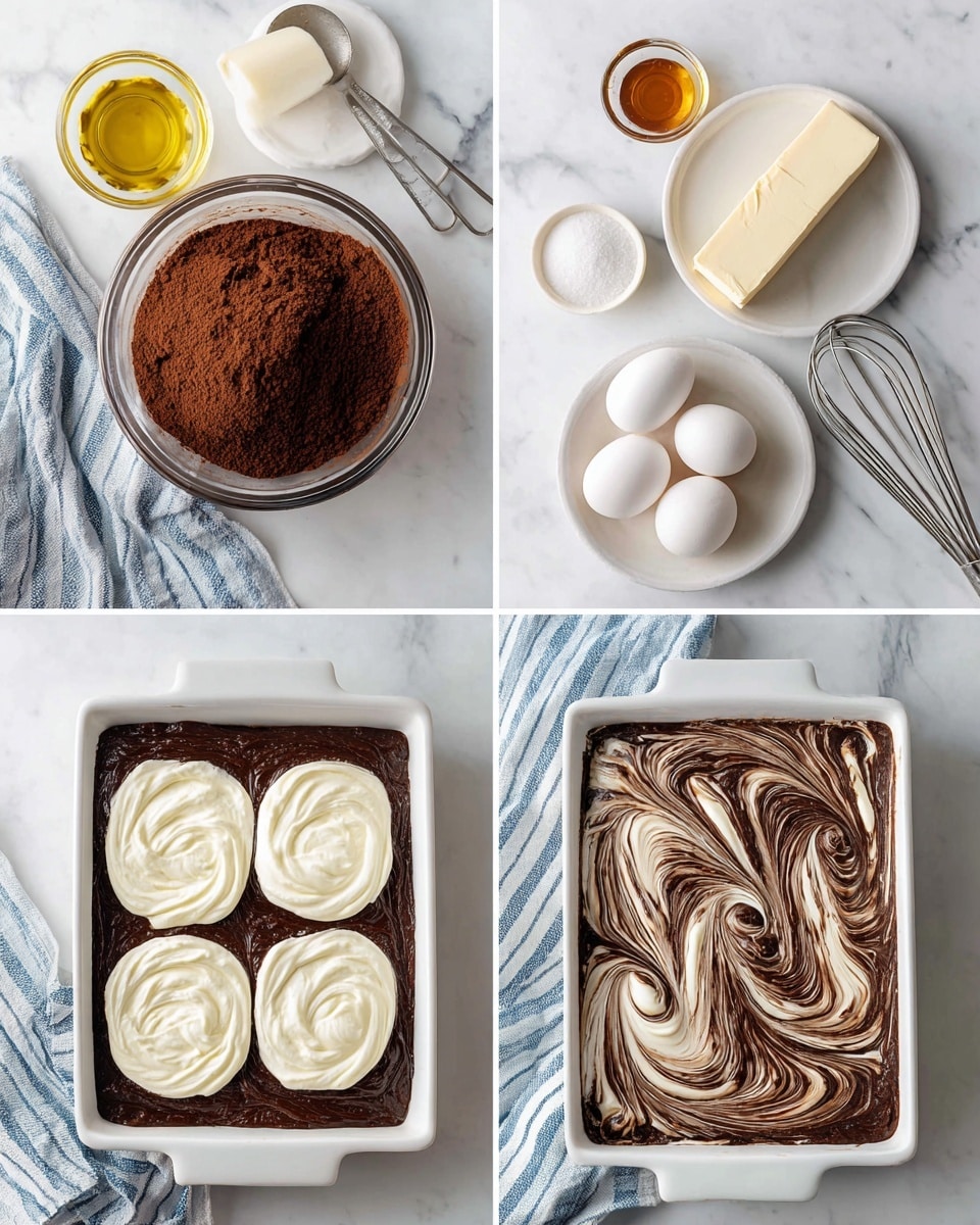 Four images show the process of making a chocolate and cream layered dessert. First image shows dry chocolate mix inside a clear glass bowl on a white marbled surface, surrounded by a white plate with a stick of cream cheese, a small glass of oil, a small cup of sugar, a couple of measuring spoons, three white eggs, and a striped blue and white kitchen towel. The second image shows a clear white rectangular baking dish filled with smooth, dark chocolate batter on the same surface with the same towel and measuring spoons on the side. The third image is the same dish with dollops of thick creamy white batter spread evenly on top of the chocolate layer. The last image shows the dish again with the white batter dragged through the chocolate in a feather-like swirl pattern, creating a marbled top layer. Photo taken with an iphone --ar 4:5 --v 7