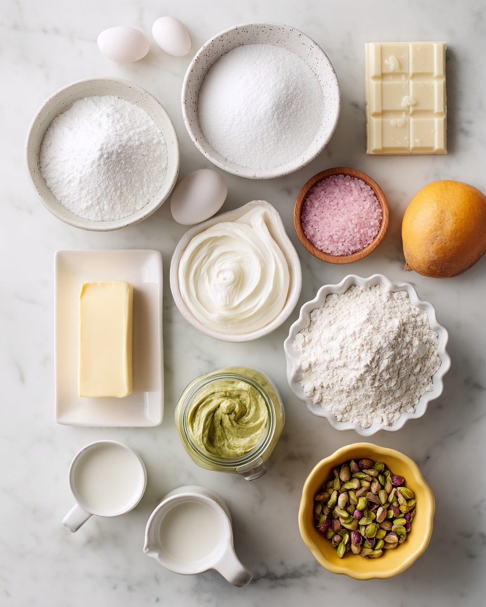 The image shows a top view of various baking ingredients arranged neatly on a white marbled surface. From the top left, there is a white bowl filled with white sugar, next to a light speckled bowl with white powdered sugar. To the right, there is a white chocolate bar, and below that, a small wooden bowl with pink salt. Below the salt bowl, there is a tiny white cup with baking powder. On the left side, there is a white rectangular plate with a stick of butter, and next to it, a round white container filled with smooth cream. Three pale eggs are placed below the cream, and a small white cup with baking soda is nearby. A jar of green pistachio paste is open with a swirled surface, beside a white scalloped bowl holding white flour. At the bottom left corner, there is a whole orange fruit. Two small white cups with milk are at the bottom center. Finally, a small yellow bowl filled with green pistachios completes the layout. All items are placed carefully to present a clean and organized look photo taken with an iphone --ar 4:5 --v 7