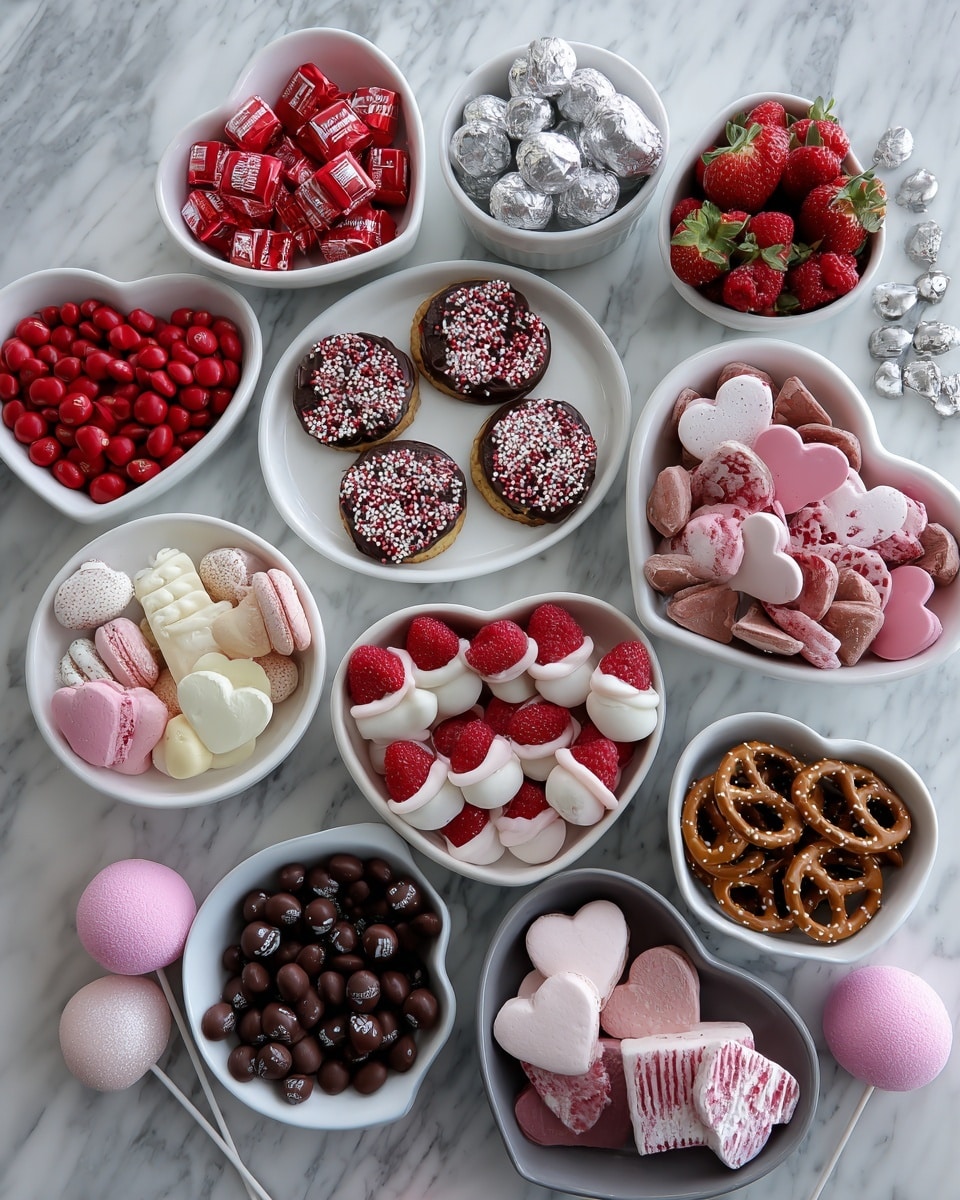 The image shows fifteen white and gray dishes arranged on a white marbled surface, each holding different candies and sweets. There are heart-shaped white bowls filled with red and pink wrapped chocolates, chocolate hearts, and red and pink M&M candies. A white round dish holds chocolate cookies with pink cream and red sprinkles. A white heart plate has strawberries dipped in white and pink chocolate. Small white bowls and plates contain pastel-colored conversation hearts, pink and white candy hearts, hard chocolate candies, pink wafer cookies with white chocolate and red sprinkles, and gummy bears. Dark brown round dish has dark chocolate balls, and a gray plate holds pretzels dipped in white chocolate with red sprinkles. Also included are heart-shaped bowls filled with raspberries and silver-wrapped kisses, and two pink round lollipops rest on the surface. photo taken with an iphone --ar 4:5 --v 7