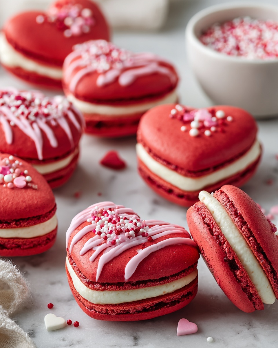The image shows several pink heart-shaped macarons on a white marbled surface. Each macaron has two smooth pink cookie layers with a soft, light pink cream filling inside. Some macarons are decorated with three thin lines of pink icing across the top, sprinkled with small round pink and white candy beads. On the right side, there is a white bowl filled with pink, red, and white candy beads scattered partly around the macarons. The texture of the macarons is smooth with a slightly bumpy edge. photo taken with an iphone --ar 4:5 --v 7