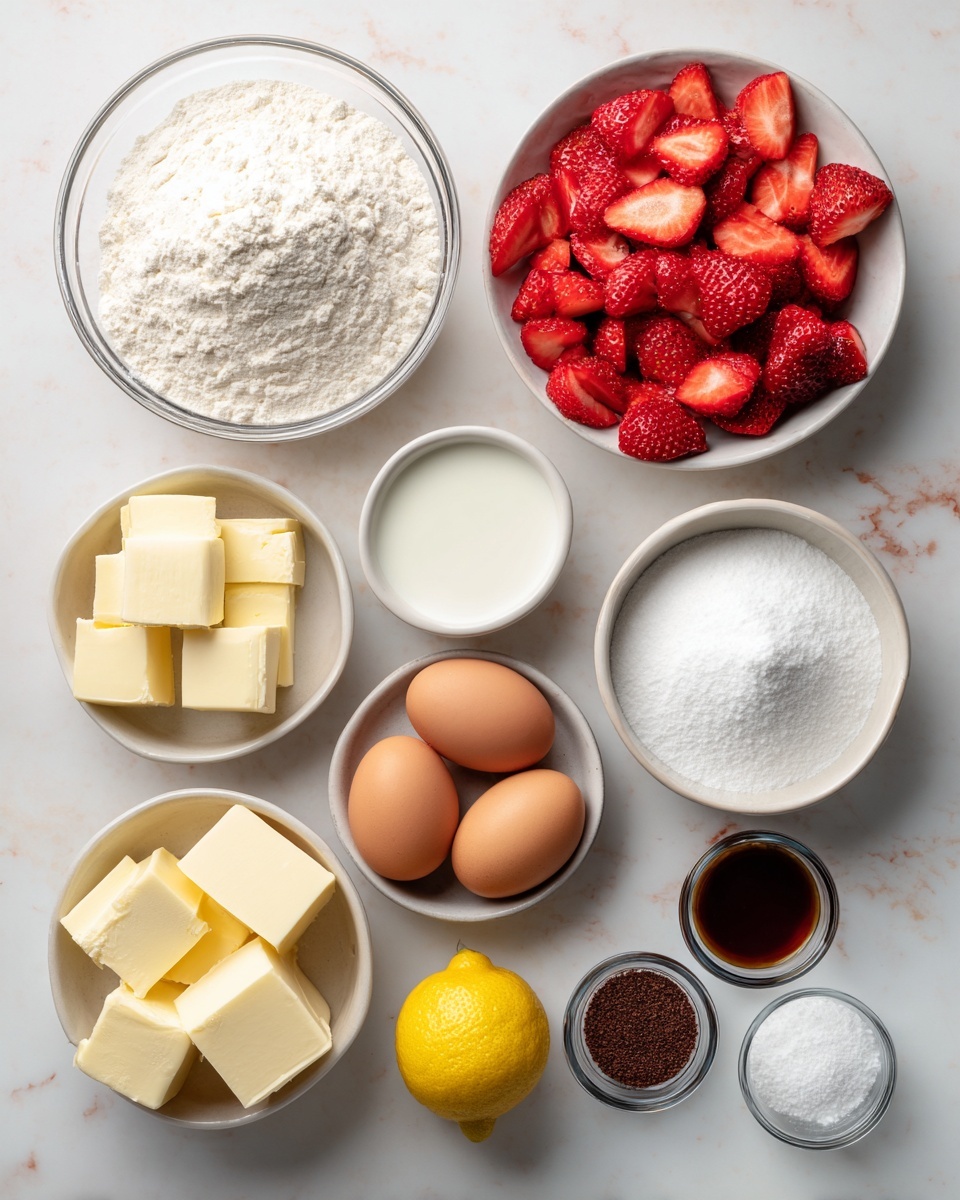 The image shows a collection of ingredients arranged neatly on a white marbled surface. In the top left, there is a large clear glass bowl filled with white flour, next to it a white bowl with white milk. To the right of that, a white bowl overflows with bright red sliced strawberries. Below the flour, a white bowl is filled with white sugar. Near the sugar sit two brown eggs side by side. At the bottom left, a small clear bowl contains white blocks of cream cheese, and beside it another clear bowl is filled with pale yellow cubes of butter. A whole yellow lemon sits in the center. At the bottom right, there are three small clear containers with white cornstarch, small brown yeast granules, and a dark brown vanilla liquid respectively. The setup is simple and colorful, with everything clearly labeled. Photo taken with an iphone --ar 4:5 --v 7