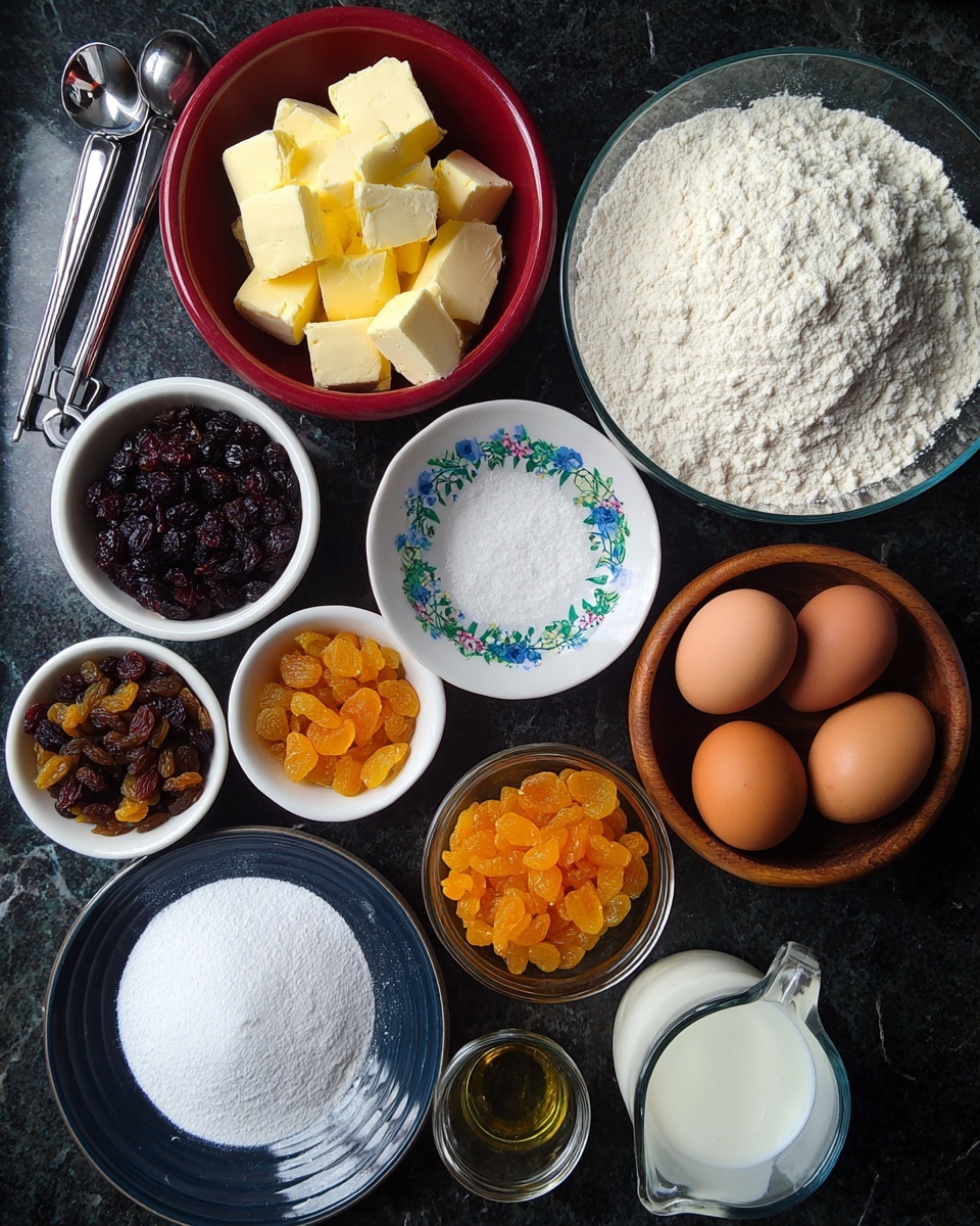A top view of various baking ingredients laid out on a dark surface, featuring a large glass bowl filled with white flour on the upper right; below it, a white bowl with several chunks of pale yellow butter; to the right, a small wooden bowl holding three brown eggs; below the eggs, a dark blue and white plate with fine white yeast granules; to the left, a white bowl with golden raisins; next to it, a white bowl containing dark red dried cherries; two metal measuring spoons holding white salt and sugar rest beside the bowls; in the lower right corner, a small clear glass jar filled with chopped orange candied fruit; above the jar, a decorative white plate with a blue pattern showing bright orange and yellow citrus zest; on the upper left, a red bowl filled with white granulated sugar; next to it a clear measuring cup with milk, and a small glass container holding a light amber liquid, all arranged neatly on a white marbled surface, photo taken with an iphone --ar 4:5 --v 7