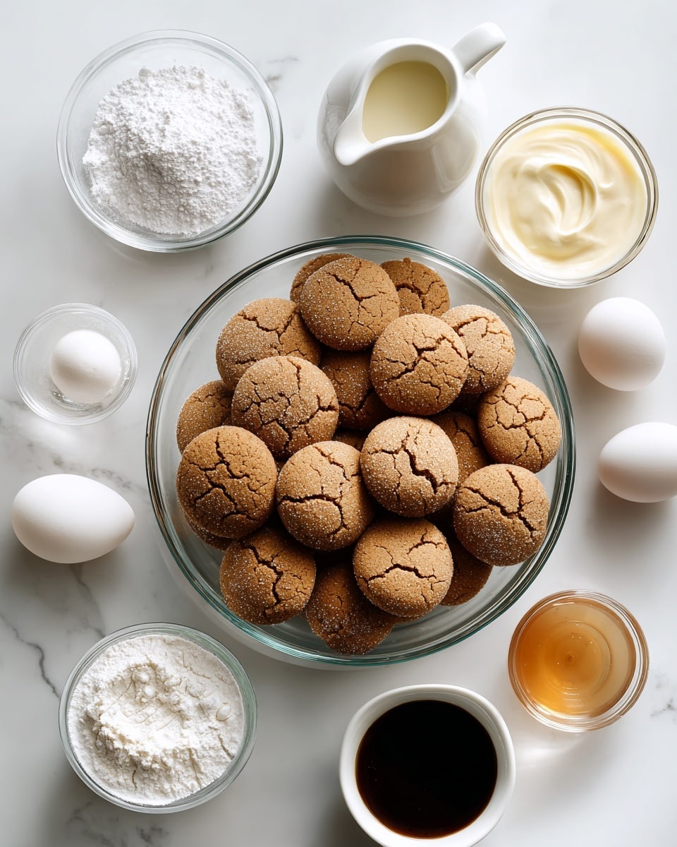 A clear large bowl filled with many round gingerbread cookies, light brown and cracked on top, is placed near the center on a white marbled surface. Around it are smaller clear glass bowls containing white powdered sugar, three white eggs, and thick white mascarpone cheese. Also present are a white jug filled with creamy heavy cream, a small clear glass cup with pale yellow eggnog, a small white square bowl holding pale rum extract, and a clear glass cup with dark brewed coffee. All items are spaced neatly and viewed from above, with soft natural light. photo taken with an iphone --ar 4:5 --v 7