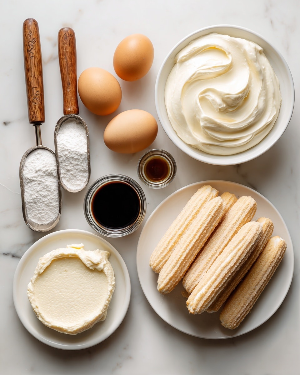 The image shows a top view of different ingredients arranged neatly on a white marbled surface. There are two brown eggs side by side near the top center. Below them is a clear measuring cup filled with white heavy cream. To the right is a white bowl filled with smooth, creamy mascarpone. Next to it is a white plate holding a stack of ladyfingers, all pale beige with a lightly powdered top. On the left side, there are two wooden-handled measuring cups filled with white sugar and white cornstarch. Near the bottom left, a round white plate holds a spread of cream cheese with a soft texture. Towards the bottom center is a small glass with dark coffee-flavored liqueur next to a small clear cup with hot espresso. There is also a small dark bowl with vanilla extract near the center. Everything is arranged clearly, showing the preparation ingredients for a dessert photo taken with an iphone --ar 4:5 --v 7