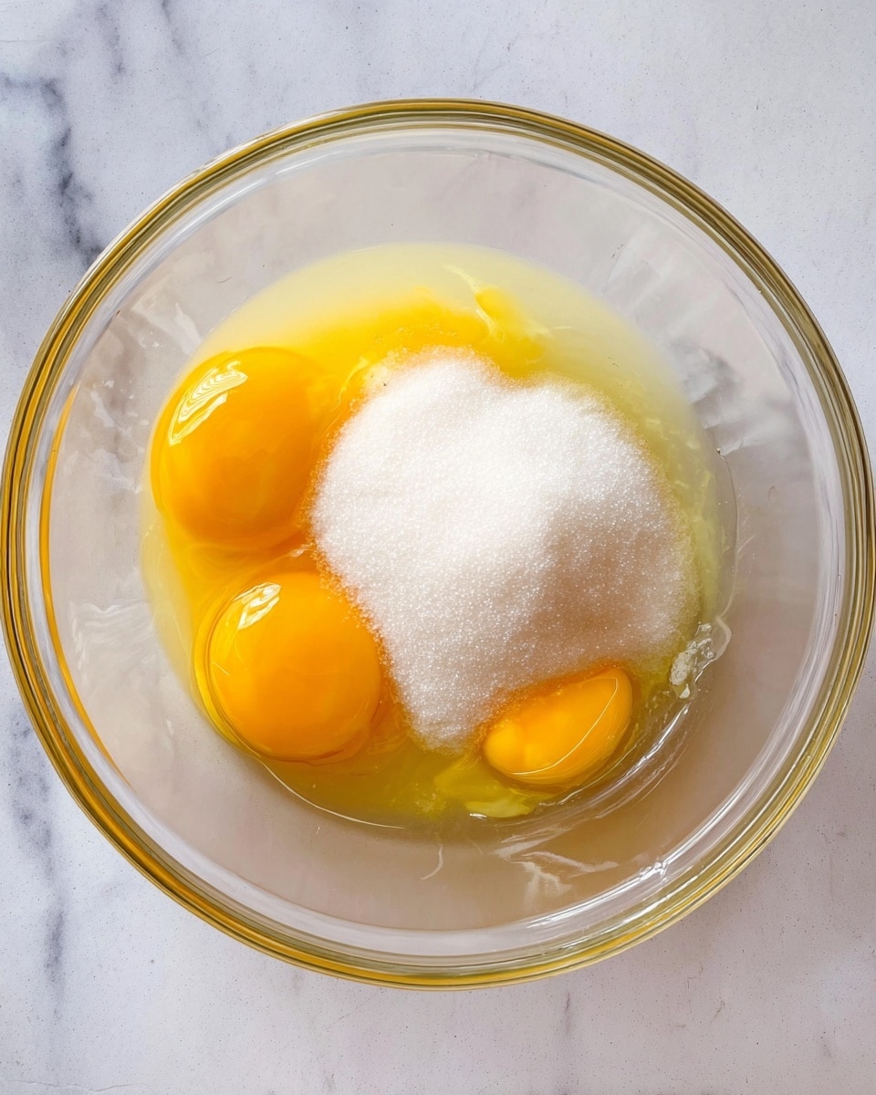 A clear glass bowl placed on a white marbled surface contains three raw egg yolks with bright yellow-orange color, surrounded by thick translucent whites. On top of the egg yolks and whites is a mound of fine white granulated sugar, creating a sharp contrast against the yellow yolks. The bowl shows shiny reflections and has a simple, rounded edge. photo taken with an iphone --ar 4:5 --v 7