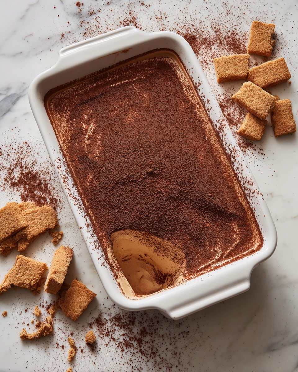A square piece of layered chocolate dessert is placed on a white plate with soft edges. The dessert has three visible layers of creamy, dark chocolate mousse alternating with two layers of light-colored sponge or biscuit. The top layer of chocolate mousse is rough-textured and sprinkled with thin, curled shavings of dark chocolate. In the blurred background, there is a larger white rectangular dish holding the rest of the dessert, with another piece on a white plate and a fork nearby. The whole scene is set on a white marbled surface with a white doily partly visible. photo taken with an iphone --ar 4:5 --v 7