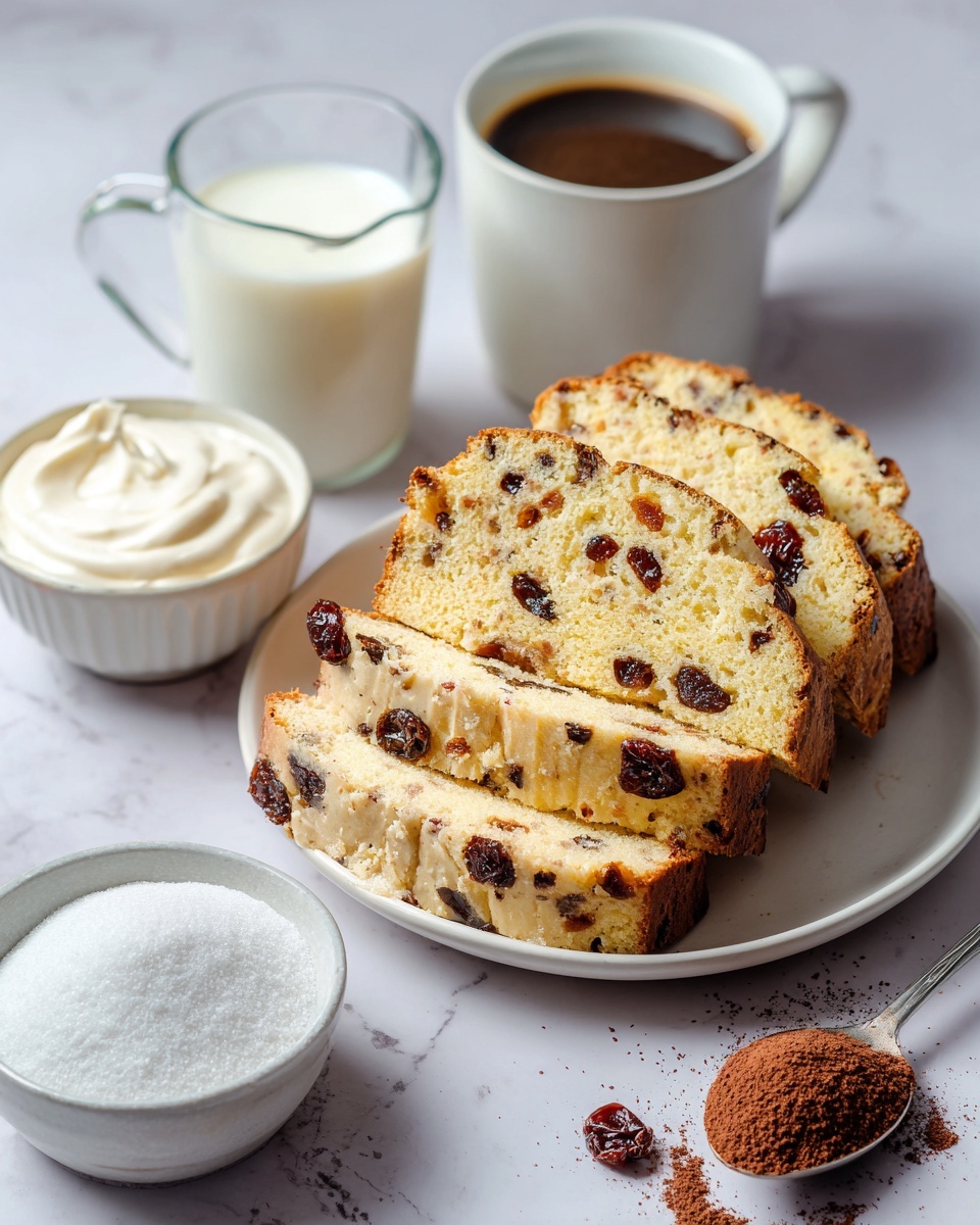 The image shows a white plate stacked with six slices of light golden cake with visible dried fruits like raisins and cranberries embedded inside. Next to the plate, there is a small white bowl filled with smooth white cream and another white bowl containing fine white sugar. Two clear measuring cups stand behind these bowls; one is filled with creamy white milk and the other with dark brown liquid, possibly coffee. In the lower right corner, a silver spoon holds brown cocoa powder. All items are placed on a white marbled surface. Photo taken with an iphone --ar 4:5 --v 7
