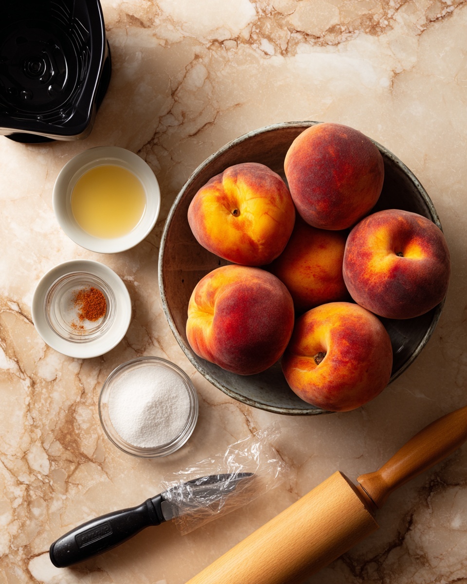 A white marbled surface holds a metal bowl filled with five peaches in warm orange and red tones on the right side. Around the bowl, there are three small white bowls, each containing a different ingredient: one bowl has a light yellow liquid, another has white granulated sugar, and the third holds a white powder. Below these, a small glass dish contains a reddish-brown spice. A black vegetable peeler with a metal blade lies next to the bowls, while wrapped in plastic, a wooden rolling pin rests diagonally at the bottom right. In the top left corner, a black, triangular air fryer basket is partially visible. Photo taken with an iphone --ar 4:5 --v 7
