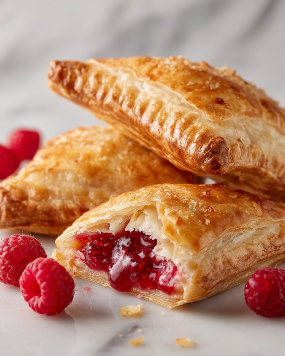 The image shows a box of Pepperidge Farm raspberry turnovers with a close-up of two turnovers on the front. Each turnover has a golden brown, flaky crust with a slightly puffed texture. One turnover is whole, showing the layered, crispy pastry on top, while the other is broken open, revealing a bright red, thick raspberry filling with small fruit bits inside. The turnovers rest on a white surface with a few fresh raspberries scattered nearby, adding a pop of red color. The background is a white marbled texture. Photo taken with an iphone --ar 4:5 --v 7