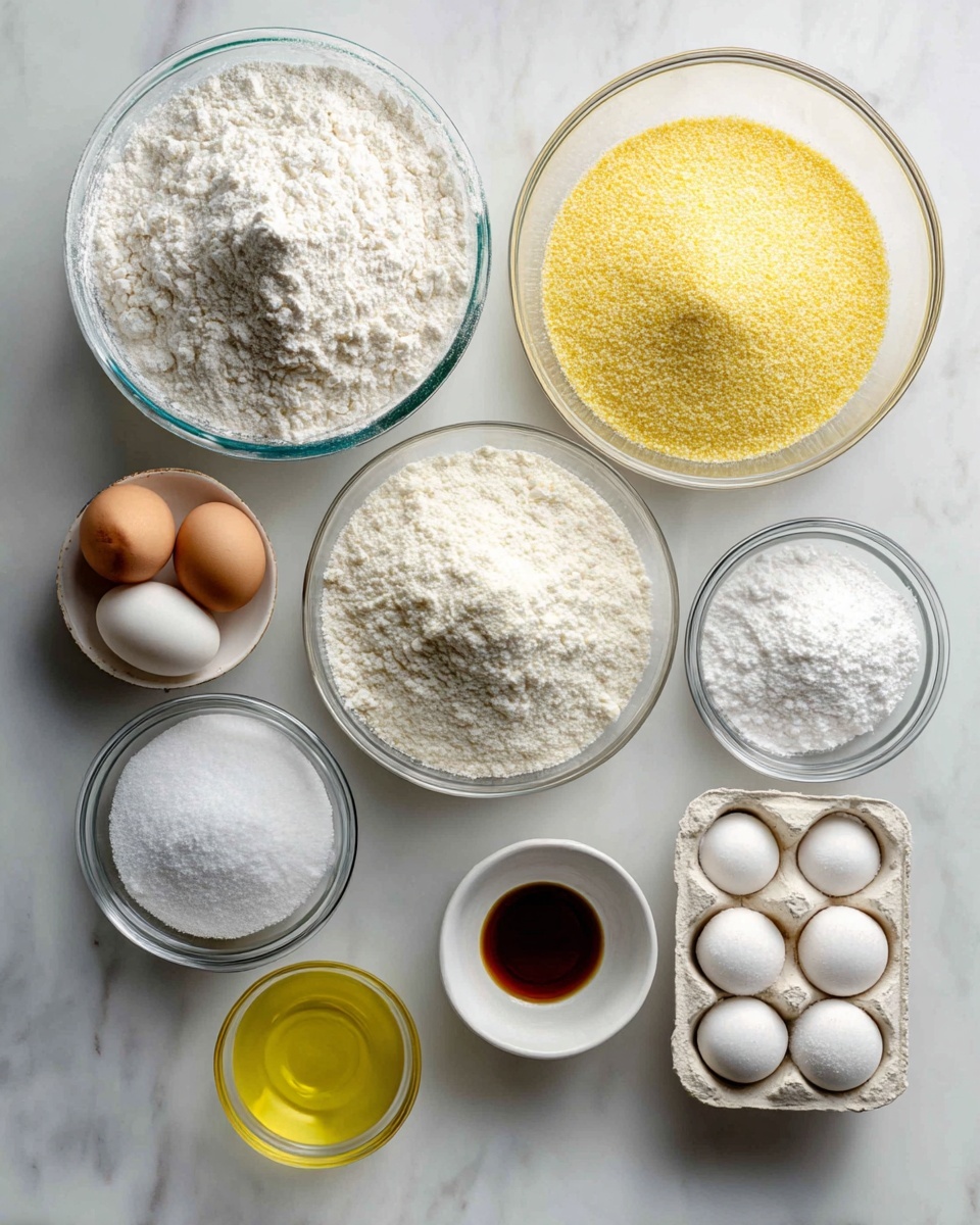 The image shows several clear glass bowls with different baking ingredients arranged on a white marbled surface. Starting from the top left, there is a large bowl filled with white flour, and next to it a large bowl with yellow cornmeal. Below the flour bowl is a medium bowl full of granulated white sugar, and near the center are three small bowls containing white powdery baking soda, salt, and baking powder respectively. To the right is a small bowl with white solid shortening and next to it a small bowl holding light yellow oil. In the bottom left corner is a tiny bowl with brown vanilla extract, and on the right edge, part of a white egg carton holding white eggs is visible. The setup is bright and organized with the ingredients clearly visible on the white marbled background photo taken with an iphone --ar 4:5 --v 7