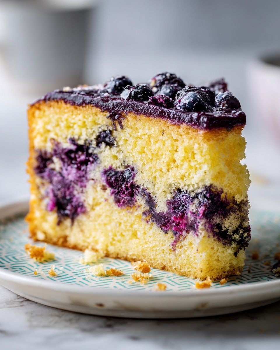 A slice of bundt cake with two main layers: the bottom layer is a light yellow, soft and sponge-like texture, while the top layer is a deep purple with a moist, berry-filled texture that merges slightly into the yellow layer. The top layer has whole blueberries embedded, giving a bumpy surface, and the cake has a golden-brown crust on top. The slice is placed on a white plate with a light blue pattern, set against a white marbled surface. Crumbs are scattered slightly around the base of the slice. photo taken with an iphone --ar 4:5 --v 7