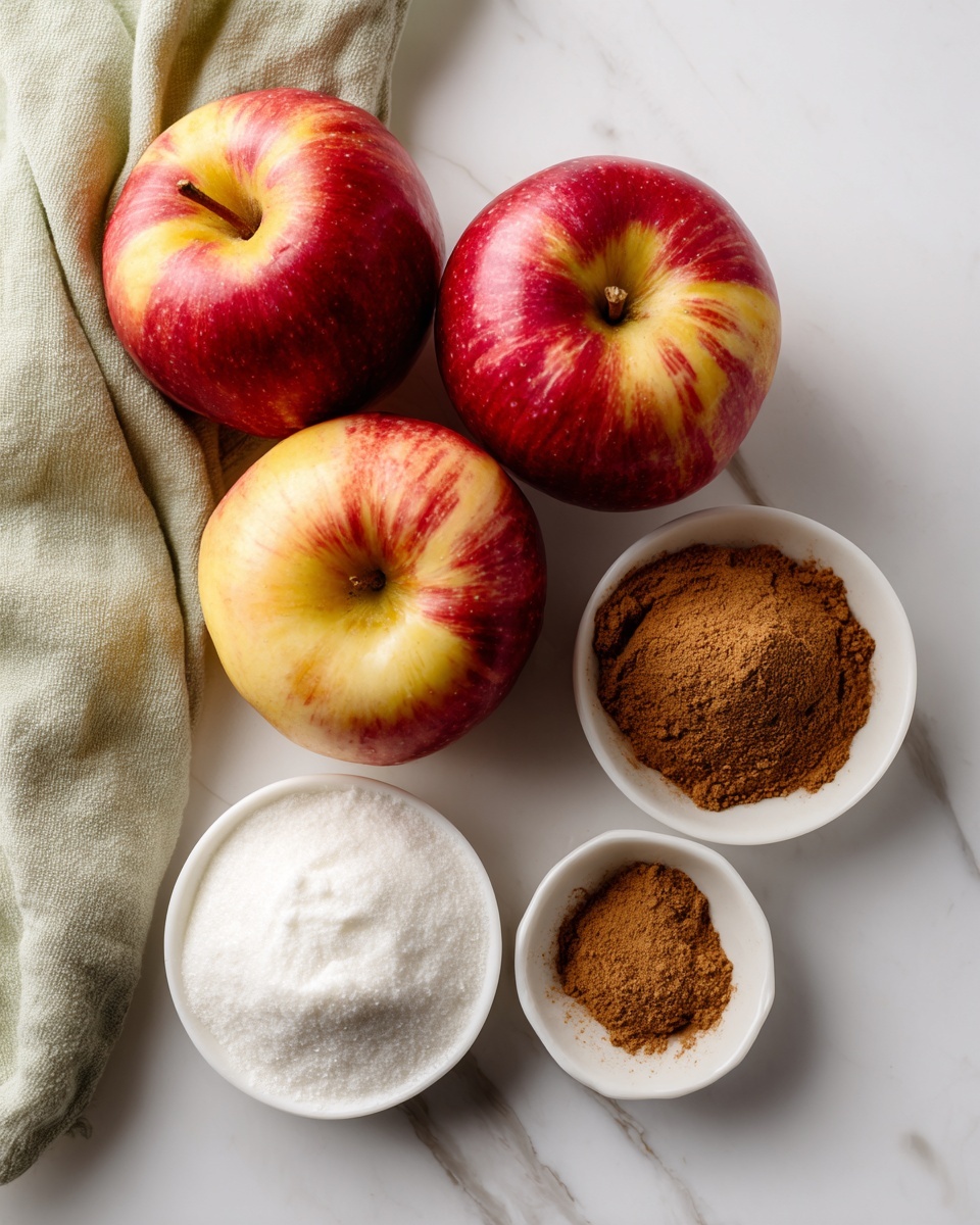 Three whole red and yellow apples are placed on a white marbled surface, arranged in a triangular shape with one apple closer to the front. A soft green cloth is draped to the left side, partly underneath two apples. There are three small white bowls on the right side of the apples; the top bowl contains a white powder, the middle bowl holds a heap of brown cinnamon powder, and the bottom bowl has granulated white sugar. The setup is clean and bright, with natural lighting. Photo taken with an iphone --ar 4:5 --v 7