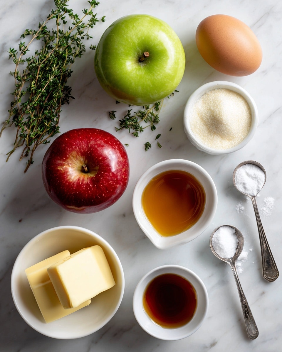 The image shows various ingredients arranged neatly on a table with a white marbled texture. There is one red apple and one green apple, both shiny and smooth, placed near the center. Close to them is one smooth brown egg. A small white bowl holds a golden-yellow cube of butter, and another white bowl contains a dark amber liquid, likely vanilla extract. Measuring spoons with white powder and brown sugar are nearby, along with fresh green thyme sprigs scattered around. A box of Pepperidge Farm Puff Pastry Sheets is positioned in the bottom left corner. The mix of colors includes red, green, brown, golden yellow, and white, all set against the subtle white marbled surface. The photo taken with an iphone --ar 4:5 --v 7