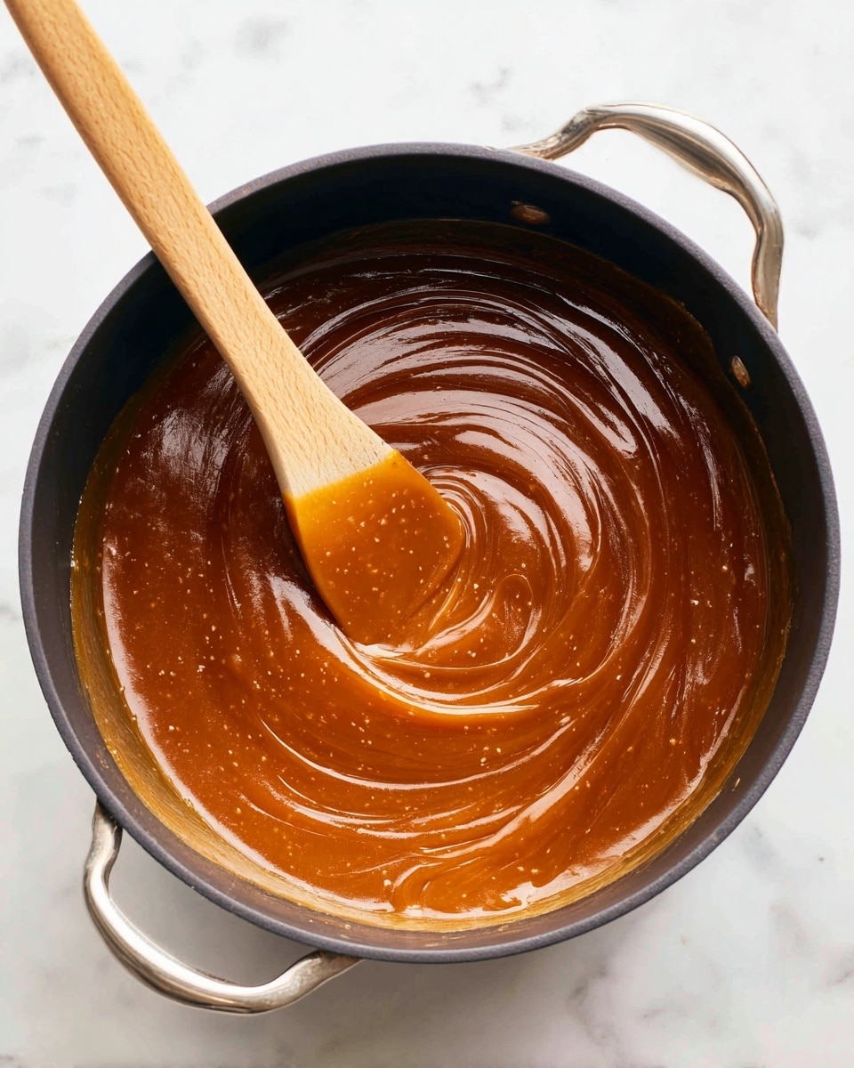 A black pot filled with a shiny, thick caramel-colored sauce being stirred with a light wooden spatula. The sauce is smooth and glossy with a rich brown color and small specks of texture throughout. The pot has visible handles, and the sauce’s surface shows fluid swirls from stirring. The background is a white marbled texture. photo taken with an iphone --ar 4:5 --v 7