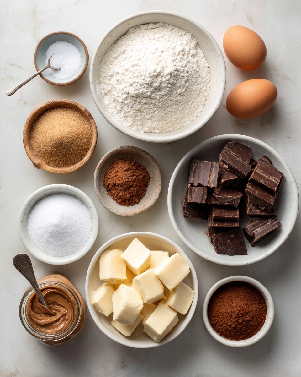 The image shows nine separate ingredients arranged neatly on a white marbled surface. In the top center is a medium white bowl filled with white flour, its texture soft and powdery. To the right, two brown eggs rest in a small wooden bowl. Below the flour bowl, a larger white bowl contains dark, chunky pieces of chocolate with a rough texture. To the left of the chocolate, a smaller white bowl holds brown sugar, coarse and crumbly. To its left, a tiny white bowl has a small amount of salt. Below the brown sugar is a white bowl filled with white granulated sugar, fine and smooth. In the bottom center, a white bowl contains evenly cut cubes of pale yellow butter. To the right of the butter, a small white bowl holds brown cocoa powder, soft and fine. On the bottom left, there is a glass jar with a silver spoon inside, filled with smooth peanut butter of medium brown color. photo taken with an iphone --ar 4:5 --v 7