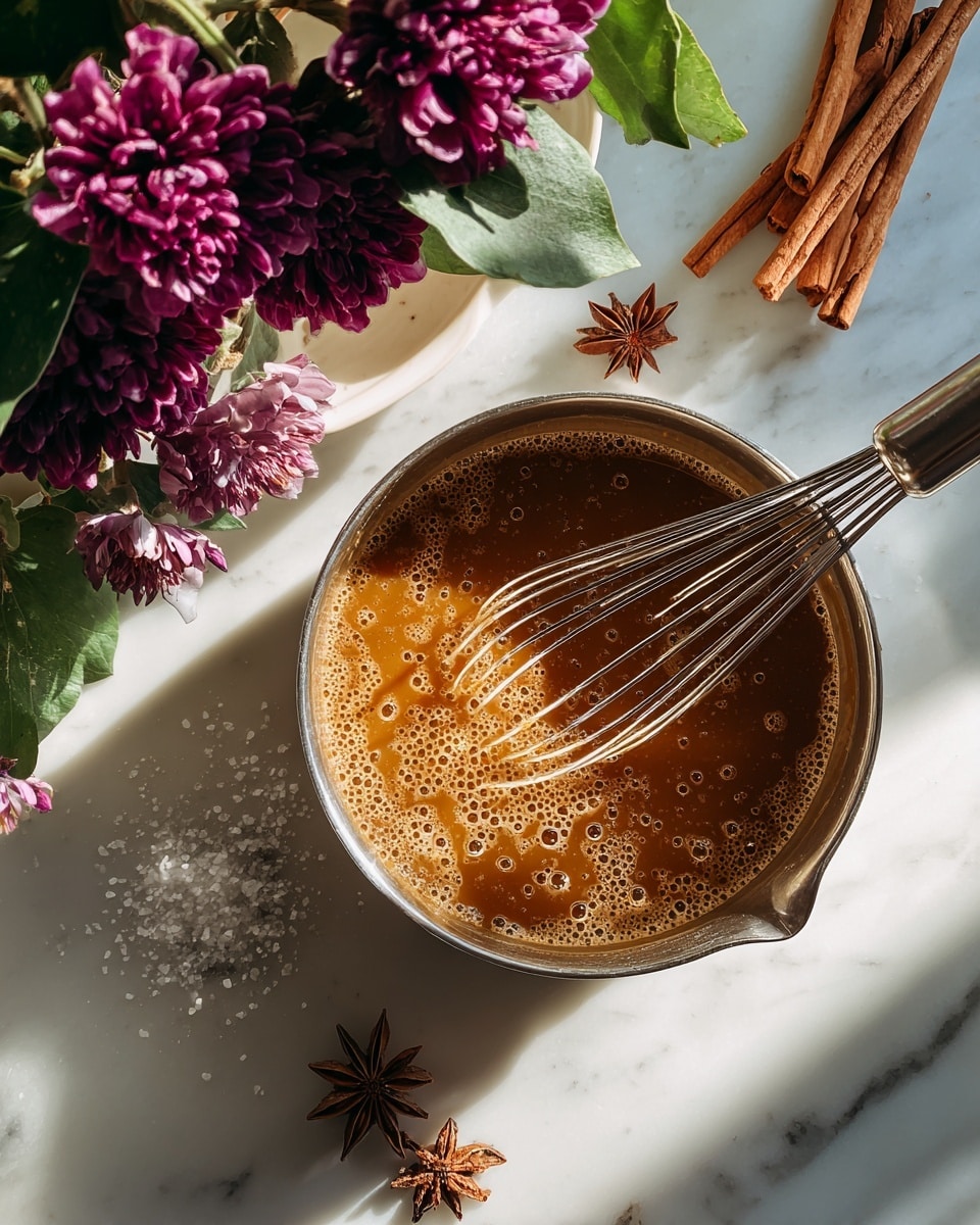A close-up shot of a small metal pot filled with a bubbling caramel-colored sauce, with a metal whisk stirring it, showing thick and glossy texture with small bubbles across the surface; the pot rests on a white marbled surface where some sauce has spilled out next to a star anise and a sprinkle of coarse salt; to the left, part of a white bowl with rolled cinnamon sticks is visible along with deep purple flowers and green leaves, all softly lit with natural sunlight casting shadows. photo taken with an iphone --ar 4:5 --v 7