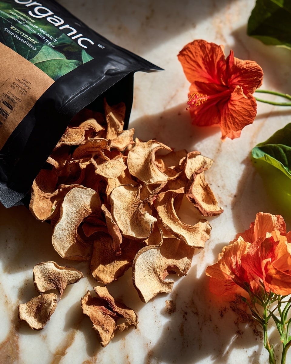 A pile of light brown, dried apple slices spread over a white marbled surface, showing rough and wrinkled textures with curled edges. Behind the slices is a black and green bag labeled