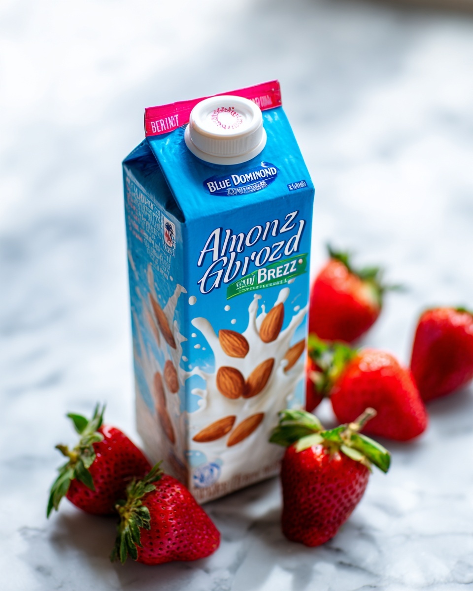 The image shows a carton of Blue Diamond Almond Breeze almond milk standing upright on a white marbled surface. The carton is mainly blue with a pink top and green strip below the cap. Almonds are shown splashing into creamy white almond milk on the front of the carton. Around the base of the carton, there are several bright red strawberries with green leaves clustered on the white marbled surface. The background is softly blurred with light tones, focusing attention on the carton and strawberries. Photo taken with an iphone --ar 4:5 --v 7