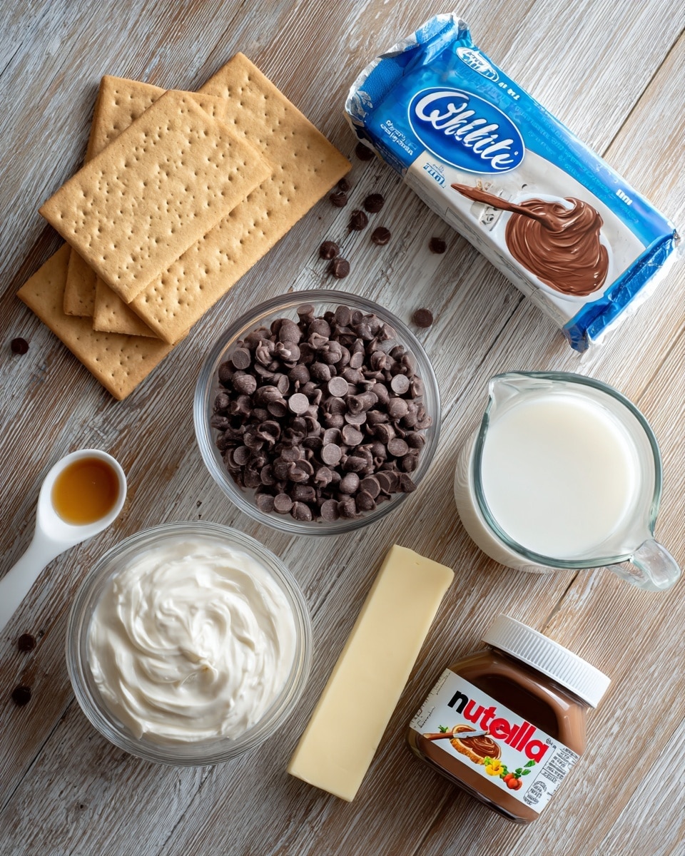 The image shows various ingredients neatly arranged on a wooden surface, including a rectangular pack of graham crackers, a tub of Cool Whip with a blue and white lid, a small jar of Nutella with a white lid on its side, and a glass bowl filled with chocolate chips. A glass cup of milk and a glass measuring jug of milk are also present, along with a stick of butter and a white measuring spoon holding a small amount of vanilla extract. The scene is casual and clean with the ingredients spaced out clearly. photo taken with an iphone --ar 4:5 --v 7