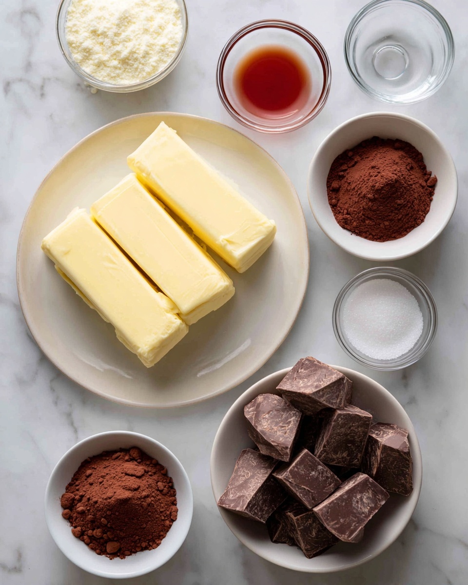 The image shows a white marbled surface with several small white bowls and plates arranged neatly. In the center, there is a white plate holding three long, pale yellow sticks of butter placed side by side. To the right of the butter, a white bowl contains large chunks of milk chocolate with a light brown color and rough texture. In front of the chocolate bowl, there is a small clear glass bowl with white granulated sugar. To the left of the butter plate, another white bowl holds brown cocoa powder with a fine texture. Above the cocoa powder, a small clear glass bowl contains a dark red powder, and next to it another small clear bowl filled with reddish-brown liquid. A small empty clear glass cup is visible just above the chocolate bowl. photo taken with an iphone --ar 4:5 --v 7