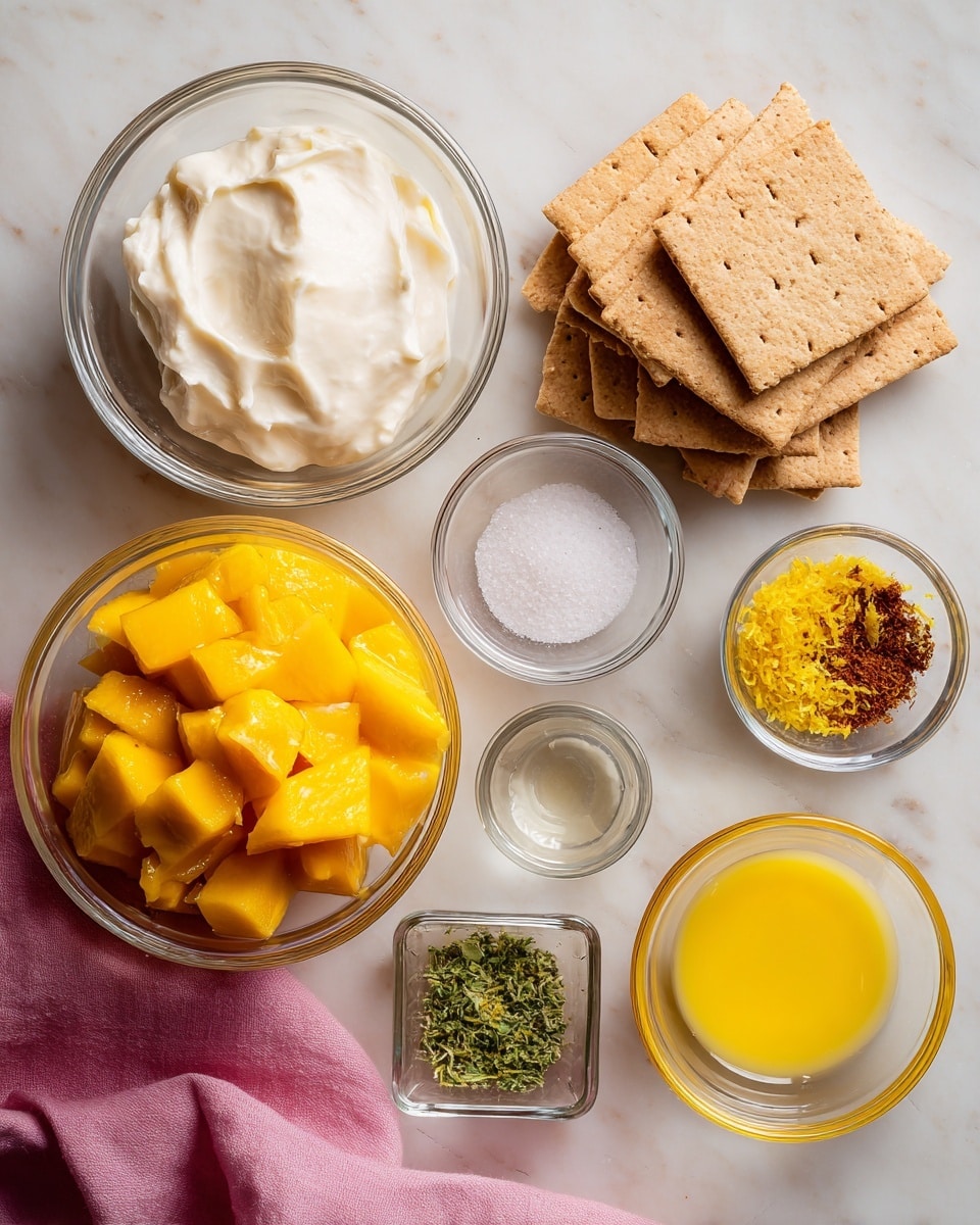 A top view shows six clear glass bowls and a glass measuring cup arranged in a loose circle on a white marbled surface. The largest bowl in the bottom left is a measuring cup filled with bright yellow chopped mango pieces. Above it, a medium bowl holds thick white cream. To the right of that, a bowl contains several stacked square crackers in light brown color. Below the crackers, a small bowl has a clear liquid, while next to it slightly lower is a bowl filled with fine white granulated sugar. Another small bowl in the bottom right contains melted yellow butter. Lastly, a tiny square bowl in the bottom left corner has two piles, one of green zest and one of reddish-brown spice. A pink cloth peeks from the bottom edge. Photo taken with an iphone --ar 4:5 --v 7