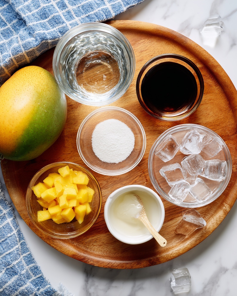 A round wooden board with a smooth light brown center and darker wood edges holds five small clear glass bowls touching the edges. The top bowl contains clear liquid water, the bowl to its right holds dark brown vanilla syrup, and below that is a white powder on a light-colored teaspoon. The bottom bowl has a creamy white liquid, and the bottom left bowl is filled with small yellow diced mango pieces. Outside the board, to the left is a yellow and green whole mango and the top left has a white young coconut. Near the top right corner is a white bowl filled with ice cubes. The background is a white marbled surface with a blue and white checkered cloth partially visible near the top. photo taken with an iphone --ar 4:5 --v 7