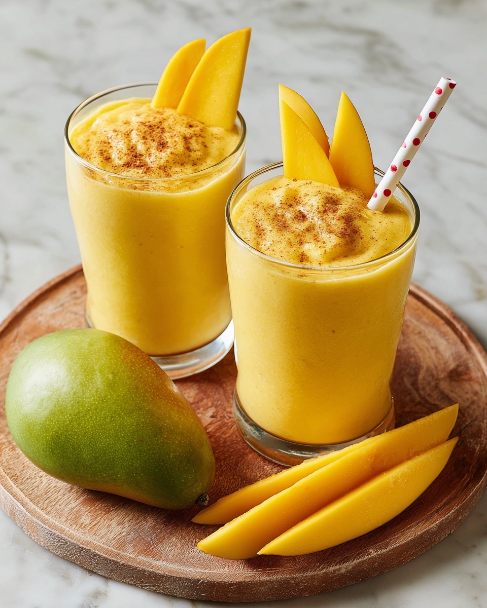 The image shows two clear glasses filled with thick yellow mango smoothies on a white marbled surface. Each glass has three thin yellow mango slices standing upright on one side, with a light brown powder sprinkled on top near the mango slices. Both glasses have a paper straw with red dots sticking out. On the surface next to the glasses, there are three additional mango slices laid out, and a whole mango with a greenish-yellow skin rests nearby. The background is softly blurred with a greyish pot visible. photo taken with an iphone --ar 4:5 --v 7