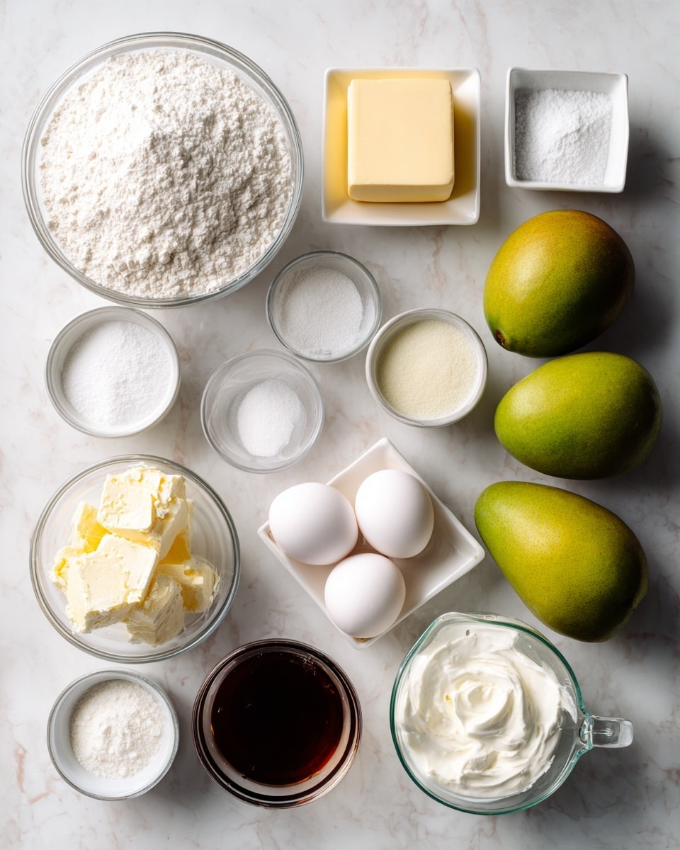 The image shows an overhead view of various baking ingredients neatly arranged on a white marbled surface. There are three greenish-yellow mangoes placed near the center-right. To the left, a large clear bowl filled with white cake flour sits next to a small rectangular white dish holding a square of pale yellow butter. Near the center, a large clear bowl of white sugar is surrounded by smaller bowls containing white powdered sugar, cream cheese, salt, baking soda, and baking powder. Three white eggs rest next to a small glass bowl of dark brown vanilla extract. A clear glass measuring cup filled with buttermilk and another with heavy whipping cream are placed on the right and bottom left. Each ingredient is labeled with bold black text on white rectangular backgrounds. The whole arrangement appears clean and organized. Photo taken with an iphone --ar 4:5 --v 7