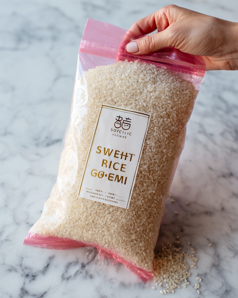 A clear plastic bag with a pink top section and bottom holds small, white, oval-shaped sweet rice grains. The front of the bag shows the words