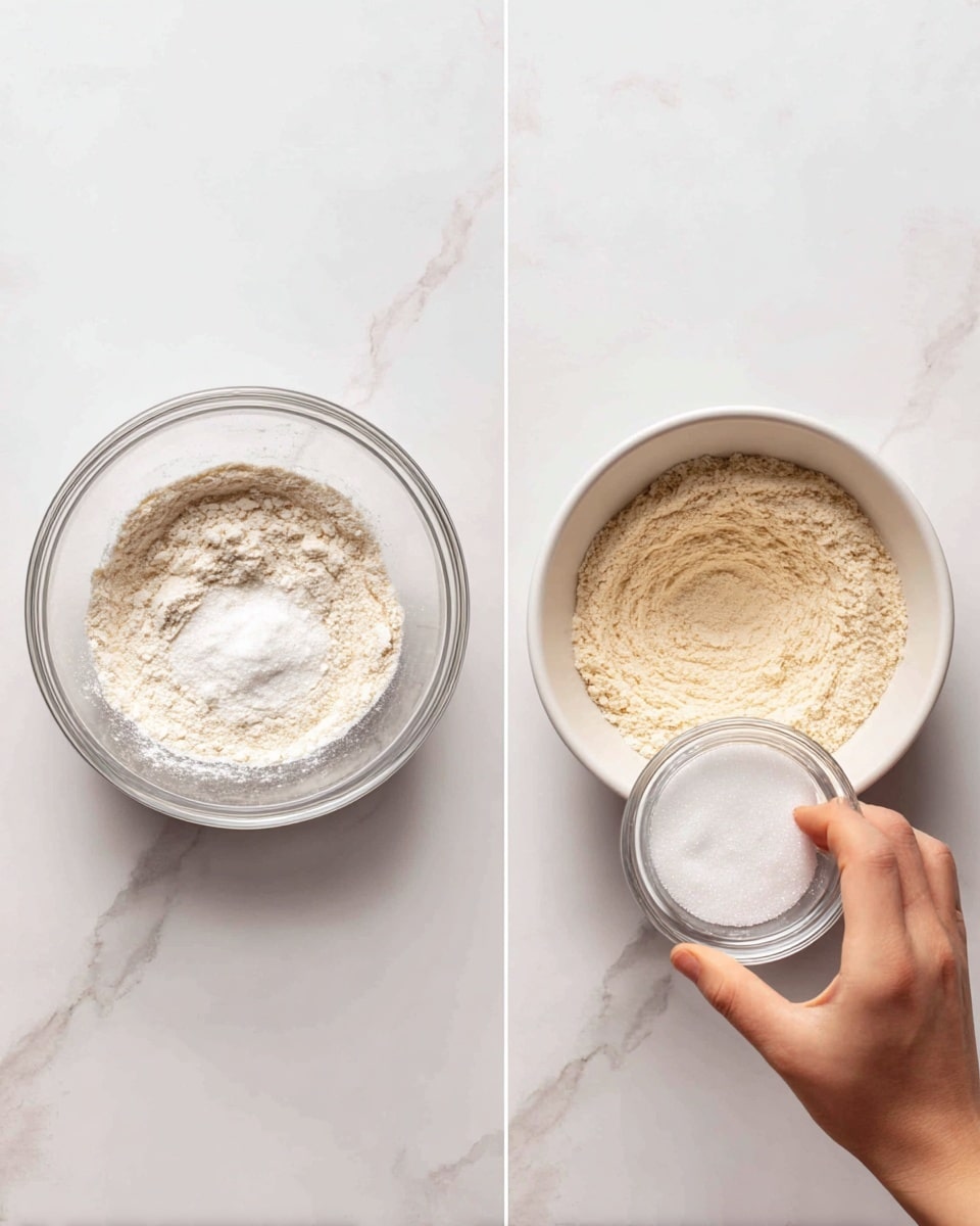 The image shows two side-by-side photos on a white marbled surface. On the left, a white bowl contains a clear glass bowl filled with a light beige flour mixture that has some white powder on top, held above the white bowl. On the right, a white bowl holds a beige flour mixture, and a woman's hand is placing a small clear glass bowl filled with white granulated sugar above it. Both bowls and mixtures are clearly visible, and the scene is bright and clean. Photo taken with an iphone --ar 4:5 --v 7