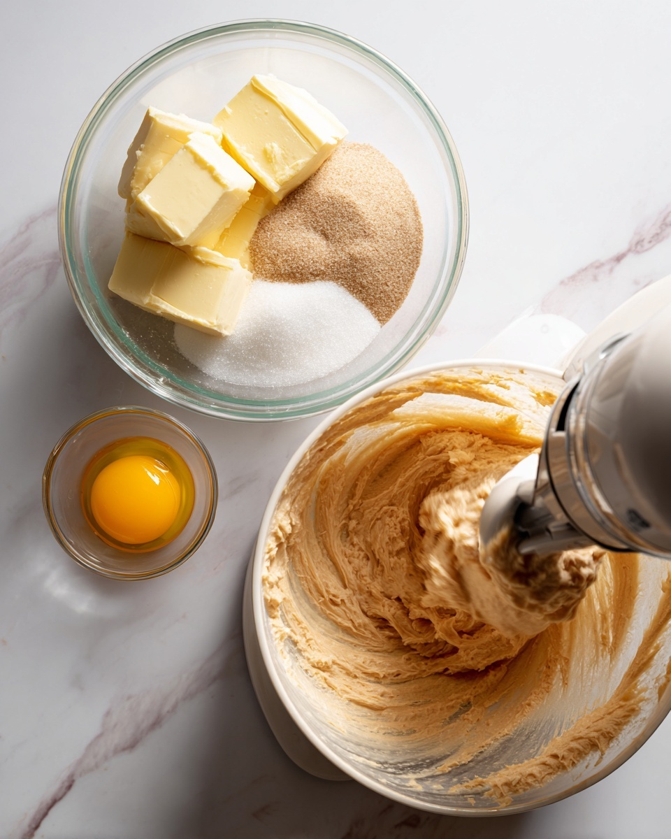 The image shows two shots side by side of baking preparation in a white bowl on a white marbled surface. On the left, there are three pale yellow slices of butter at the bottom of the bowl, with a clear glass bowl above pouring white and brown sugar mix onto the butter. On the right, an electric mixer is in motion inside the same bowl, blending a thick light brown mixture, while a woman's hand holds a small clear bowl containing a bright yellow whole egg, about to pour it into the mix. The textures show soft butter and grainy sugar on the left, and creamy whipped mixture on the right, with a clean, bright setting. photo taken with an iphone --ar 4:5 --v 7