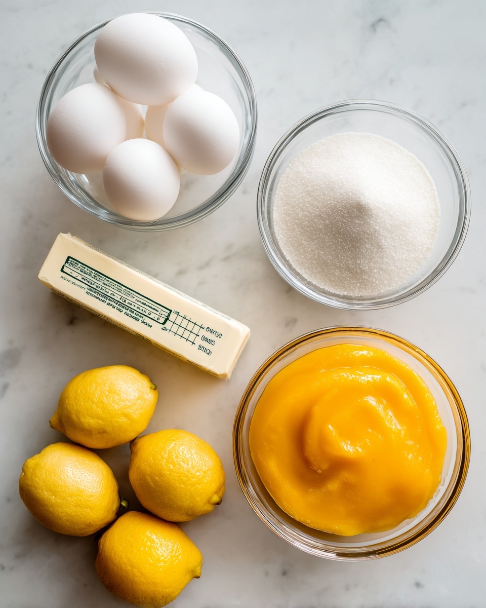 The image shows a flat lay on a white marbled surface with five main ingredients arranged neatly. On the top left, a clear glass bowl holds six white large eggs. Next to it on the top right is another clear glass bowl filled with white granulated sugar, showing a fine, grainy texture. Below that, on the bottom right, there is a clear glass bowl containing smooth, bright orange mango puree with a few light reflections on the surface. On the bottom left is a stick of unsalted butter with packaging on, showing measurement markings in black. Lastly, at the very bottom left corner, there are three whole lemons with a bright yellow color and slightly textured skin. Each ingredient is labeled with black text above or on them, and the overall scene is bright and clean. Photo taken with an iphone --ar 4:5 --v 7