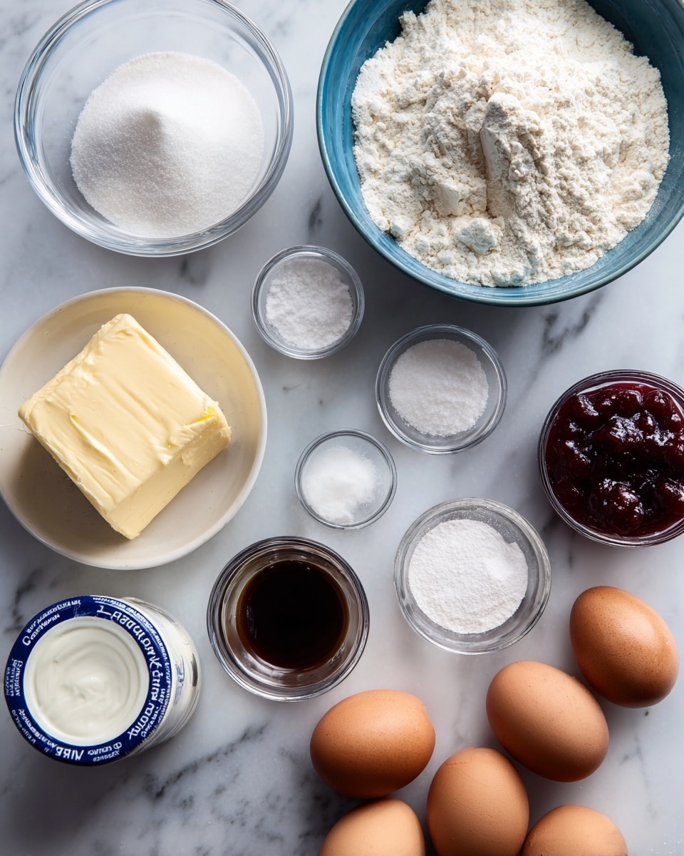 The image shows various ingredients arranged on a white marbled surface for baking. There is a small white bowl holding a square block of light yellow butter on the left. Above it, a clear glass bowl contains white granulated sugar. To the right, a blue bowl is filled with white flour. Below the blue bowl, there are three brown eggs resting on the surface. Small clear bowls hold white baking powder, salt, and powdered sugar, positioned around the eggs. A small clear measuring cup contains dark brown vanilla extract, and next to it is a small glass bowl with dark red jam. A container labeled heavy cream with a blue and white lid is placed near the bottom left. All items are neatly spaced out, creating a clean and organized view of the baking ingredients, photo taken with an iphone --ar 4:5 --v 7