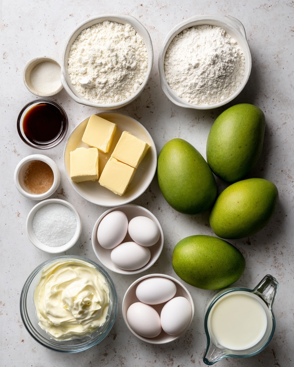 The image shows a top view of various baking ingredients arranged neatly on a white marbled surface. There are three whole green mangoes positioned near the center right. Surrounding them are multiple small and medium white bowls containing different ingredients: one filled with white cake flour, another with white powdered sugar, a third with cream cheese, and a fourth with solid light yellow butter. There’s a bowl of white granulated sugar near the mangoes and a clear glass measuring cup of buttermilk on the bottom right. Three white eggs are placed together near the center, with small bowls holding white baking soda, baking powder, and salt nearby. A small bowl of dark brown vanilla extract is at the lower left, and a glass measuring cup with heavy whipping cream is positioned on the bottom left corner. The overall layout is clean and organized, with the ingredients spaced clearly apart. Photo taken with an iphone --ar 4:5 --v 7