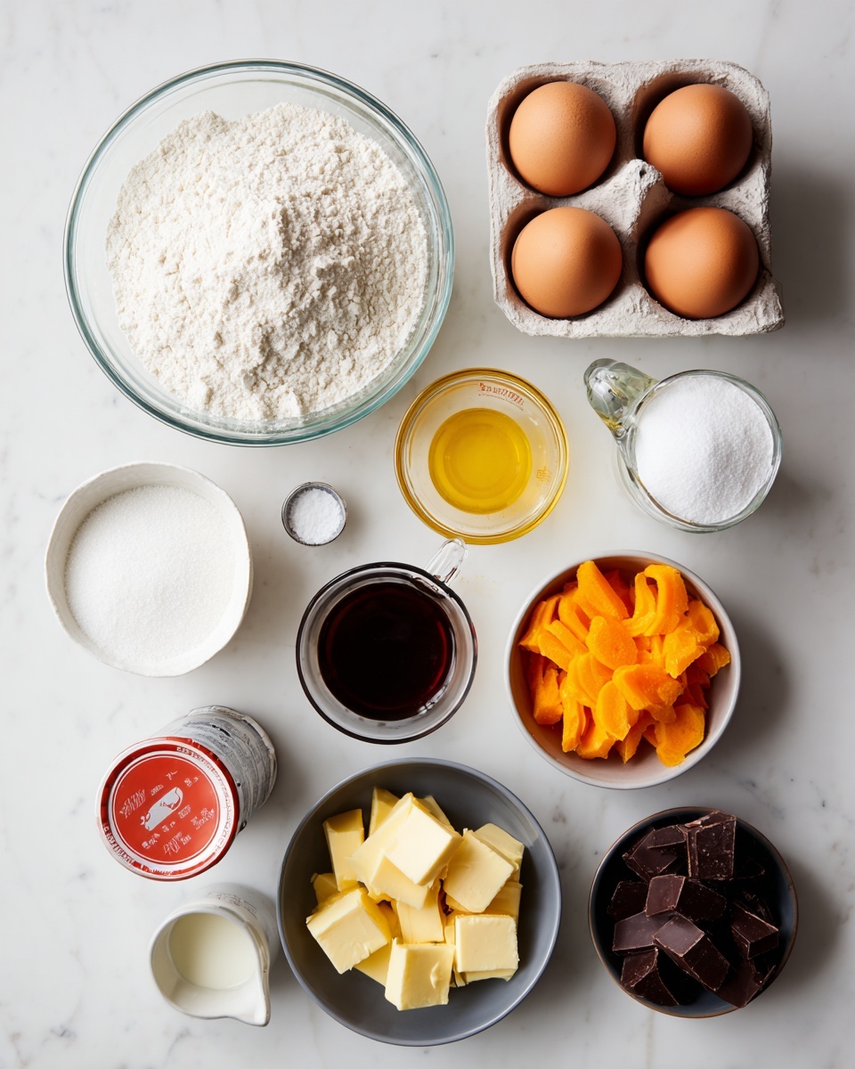 A white marbled surface holds various baking ingredients arranged neatly. On the left, a large clear bowl is filled with white flour. Above it, a carton holds four brown eggs with smooth shells. To the right of the eggs, a small glass bowl contains white baking powder next to a tiny bowl of salt crystals. Below these, a white bowl full of fine white sugar sits beside a small bowl of dark brown vanilla liquid. At the top center, a clear measuring cup is filled with light yellow vegetable oil, next to a clear bowl with thick bright orange carrot pieces. To the right, a small bowl has soft yellow butter chunks. Below the butter, a dark grey bowl holds broken pieces of semi-sweet chocolate. In the middle, a red and white can of sweetened condensed milk stands next to a small measuring cup with white milk or heavy cream. All items are spaced evenly with simple labels in black text on white backgrounds. Photo taken with an iphone --ar 4:5 --v 7