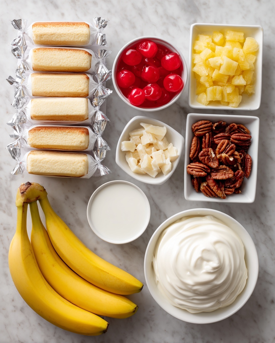 The image shows a white marbled surface with several ingredients neatly arranged. On the left, there are six wrapped Twinkies stacked in two neat columns. In the middle, from top to bottom, there is a small white bowl with bright red maraschino cherries, a white bowl filled with crushed yellow pineapple pieces, a small white square bowl holding whole pecans, and a round white bowl with smooth white whipped topping. On the right side, two whole yellow bananas lie side by side above a brown packet of vanilla instant pudding and a small white bowl filled with white milk. Each ingredient is clearly labeled with bold black text. Photo taken with an iphone --ar 4:5 --v 7