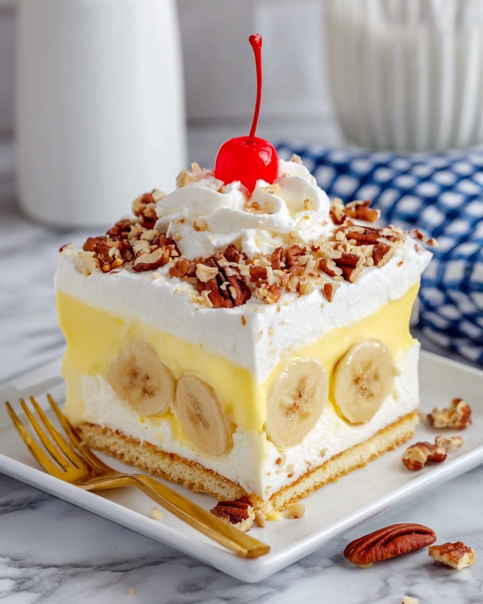 A square slice of layered dessert sits on a white square plate with a shiny gold fork beside it. The dessert has four layers: a bottom white whipped cream layer, a soft yellow cake layer, a thick pale yellow creamy fruit filling layer with visible pieces, and a thick white whipped cream layer on top. The top layer is covered with crunchy brown pecan nut pieces and garnished with a bright red cherry with a long stem. The scene is set on a white marbled surface with scattered pecans and a blue and white checkered cloth in the background, along with a partially visible bottle. Photo taken with an iphone --ar 4:5 --v 7