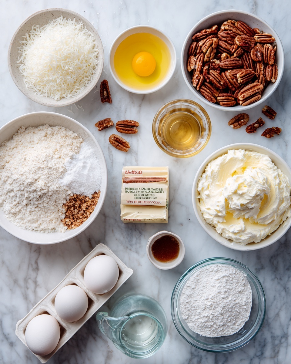 The image shows various baking ingredients arranged neatly on a white marbled surface. There is a white bowl with shredded white coconut, a white bowl filled with brown pecans, a white bowl of creamy white cream cheese, and a white bowl filled with powdered white sugar. Nearby sits a glass measuring cup with melted yellow butter, a white small dish with brown vanilla extract, and a tiny white bowl with salt. A pack of Betty Crocker Super Moist Devil’s Food cake mix is placed in the center, along with a white egg tray holding three white eggs. There is also a glass jug of clear oil and a clear measuring cup with water. All items are organized and clearly visible. Photo taken with an iphone --ar 4:5 --v 7