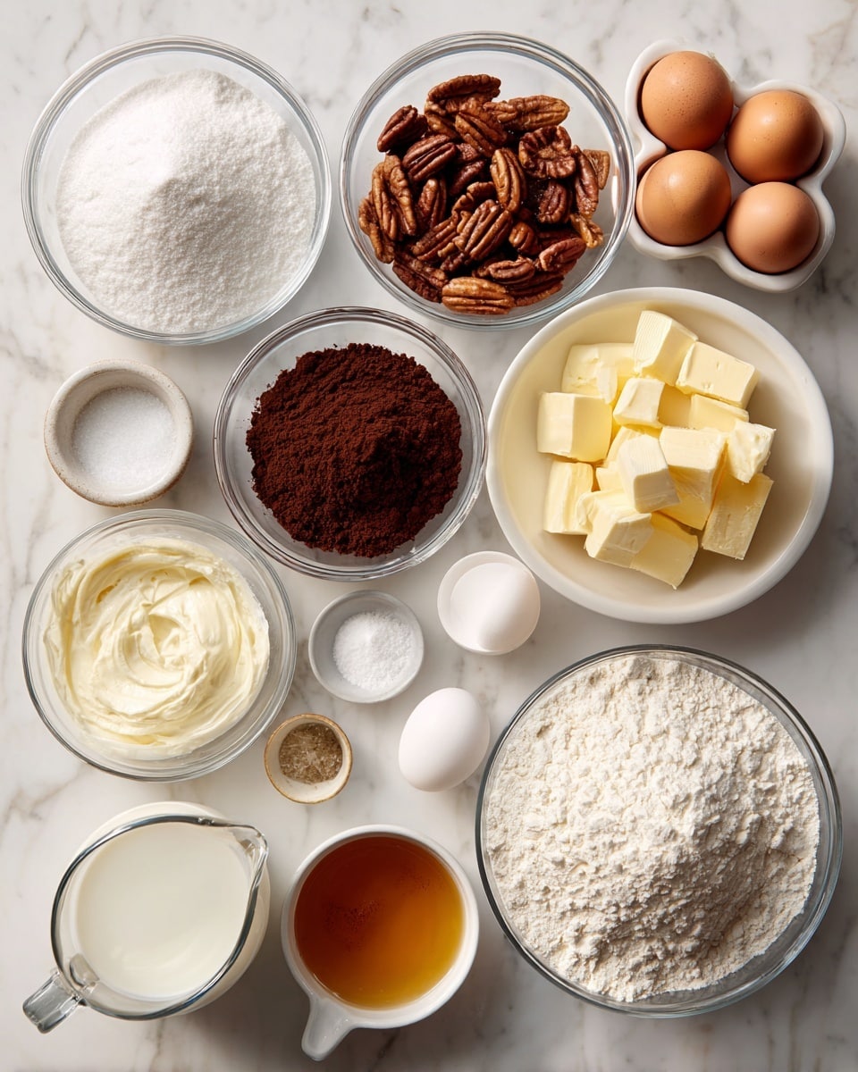The image shows a variety of ingredients arranged neatly on a white marbled surface, each in clear glass bowls or white containers. From the top left, there is a bowl of white sugar, next to a bowl filled with brown pecans. Below the pecans is a bowl of dark brown cocoa powder. To the right, there is a bowl with yellow butter cut into cubes and next to it two brown eggs in a white holder. Below the eggs are small white bowls with salt and baking soda. On the bottom left, a clear pitcher holds water, next to a bowl of white sour cream and a small measuring cup with amber-colored vanilla extract. The largest bowl filled with white AP flour and powdered sugar is placed on the right side of the image. Photo taken with an iphone --ar 4:5 --v 7